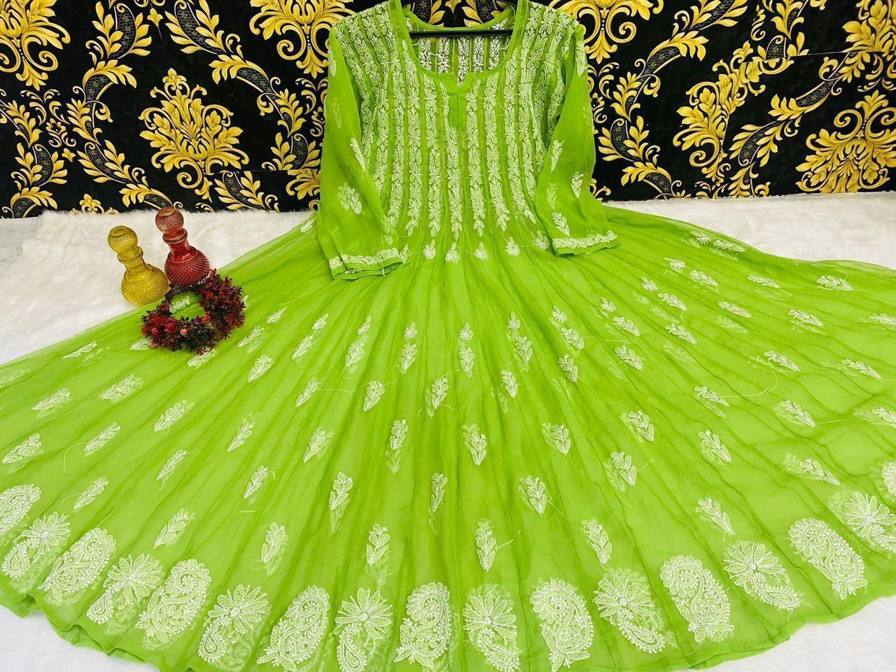 Lime Green Classic Lucknow Chikankari Anarkali Gown 56 inch Kali 40 / Green / Anarkali Lime Green Classic Lucknow Chikankari Anarkali Gown 56 inch Kali 40 / Green / Anarkali