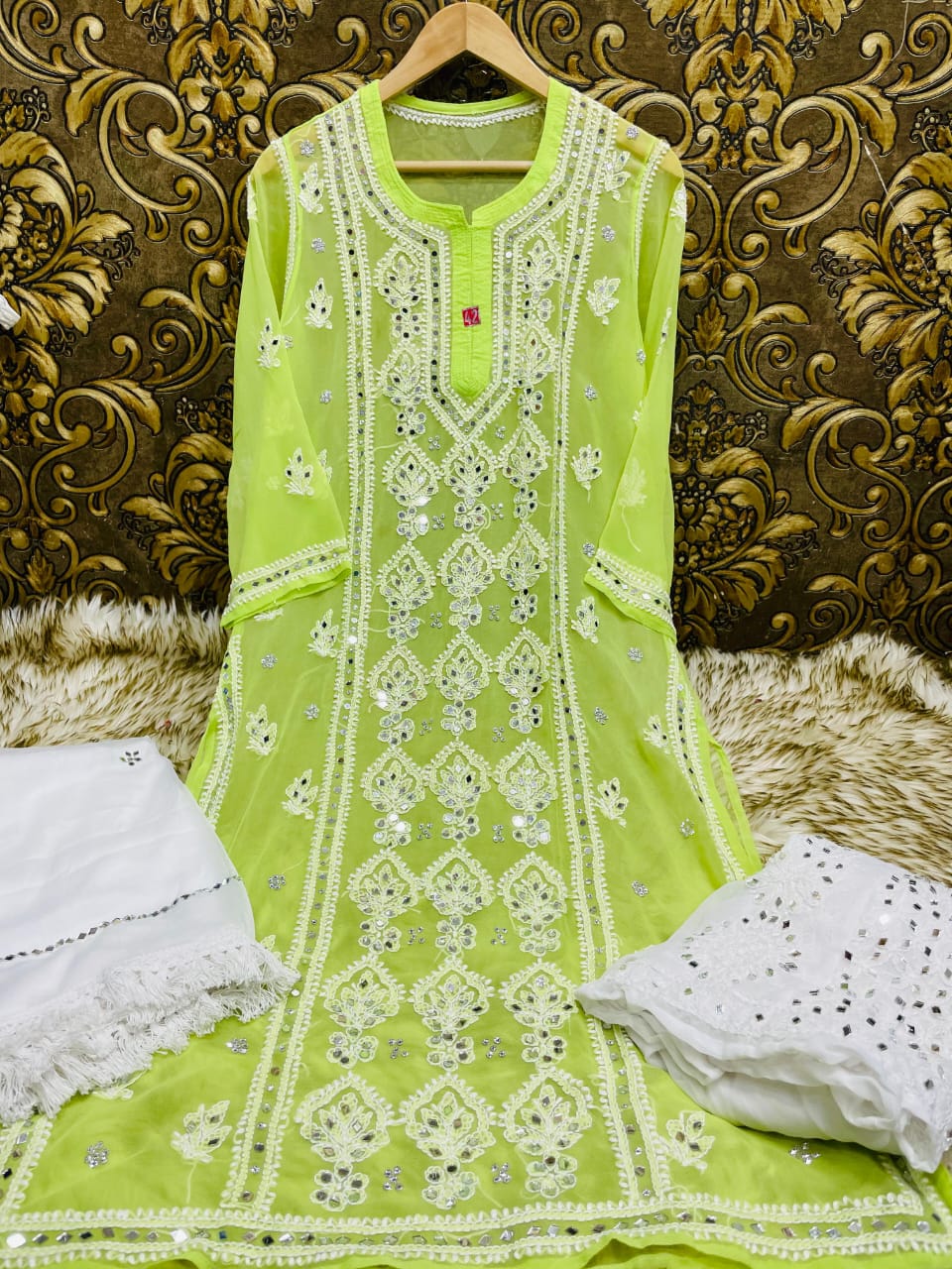 Lime Green Handcrafted Lucknow Chikankari Mirror Sharara Set