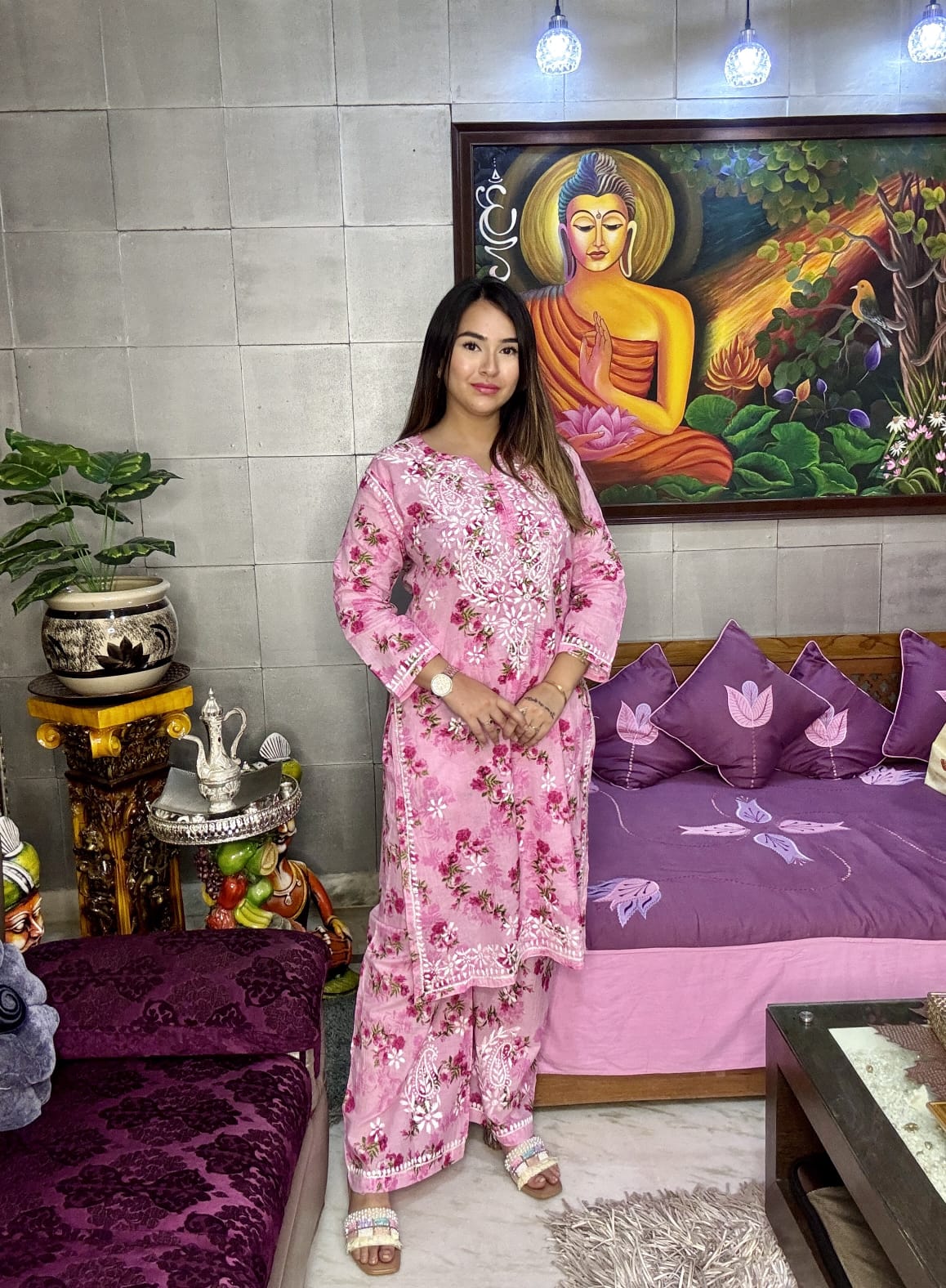 Pink Mul Mul Floral Lucknow Chikankari Kurti Palazzo Set for Summers