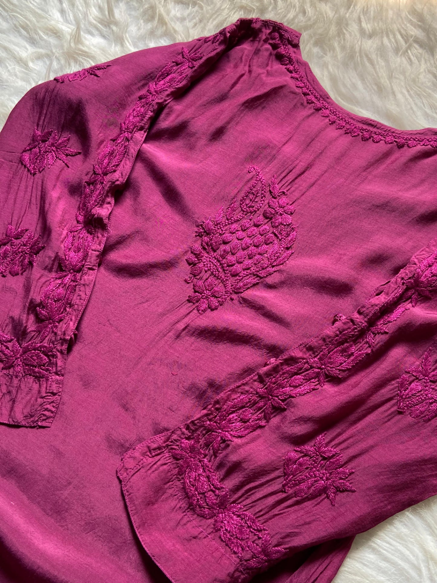 Dark Pink Lucknowi Chikankari Muslin Kurti with Heavy 3D Embroidery & Resham Buttons - Lightweight & Soft