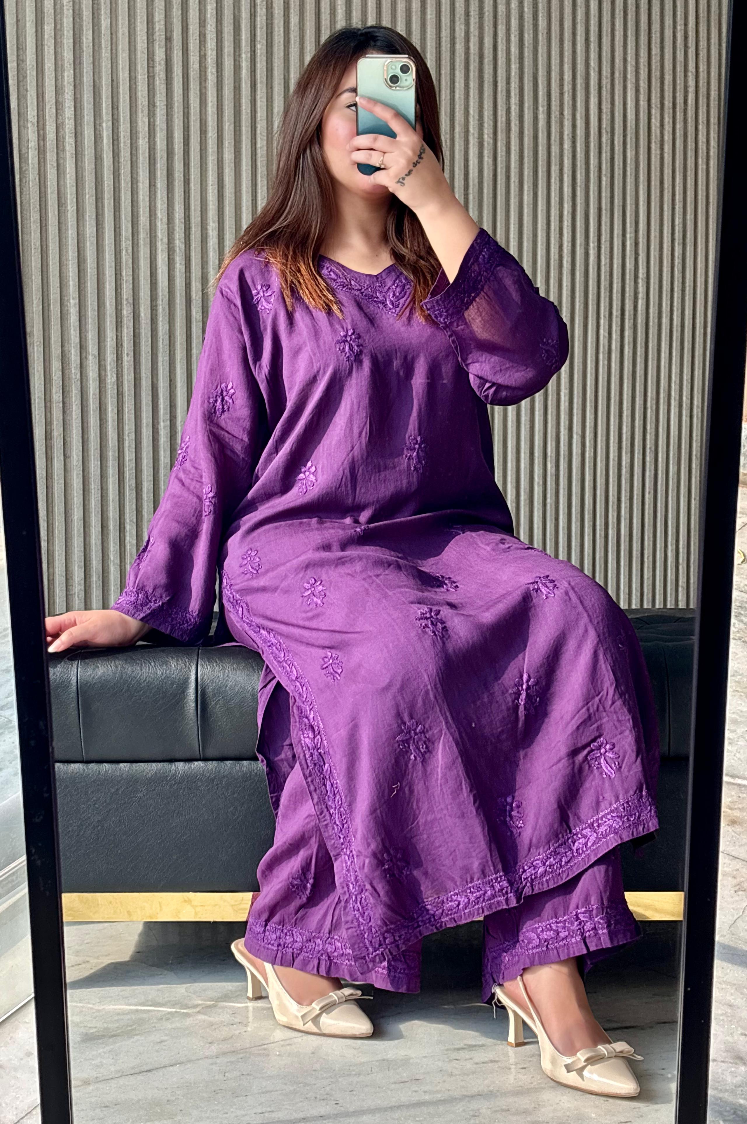 purple chikankari dress Ombre Lavender Color Georgette Chikankari Gown with Mirror Work