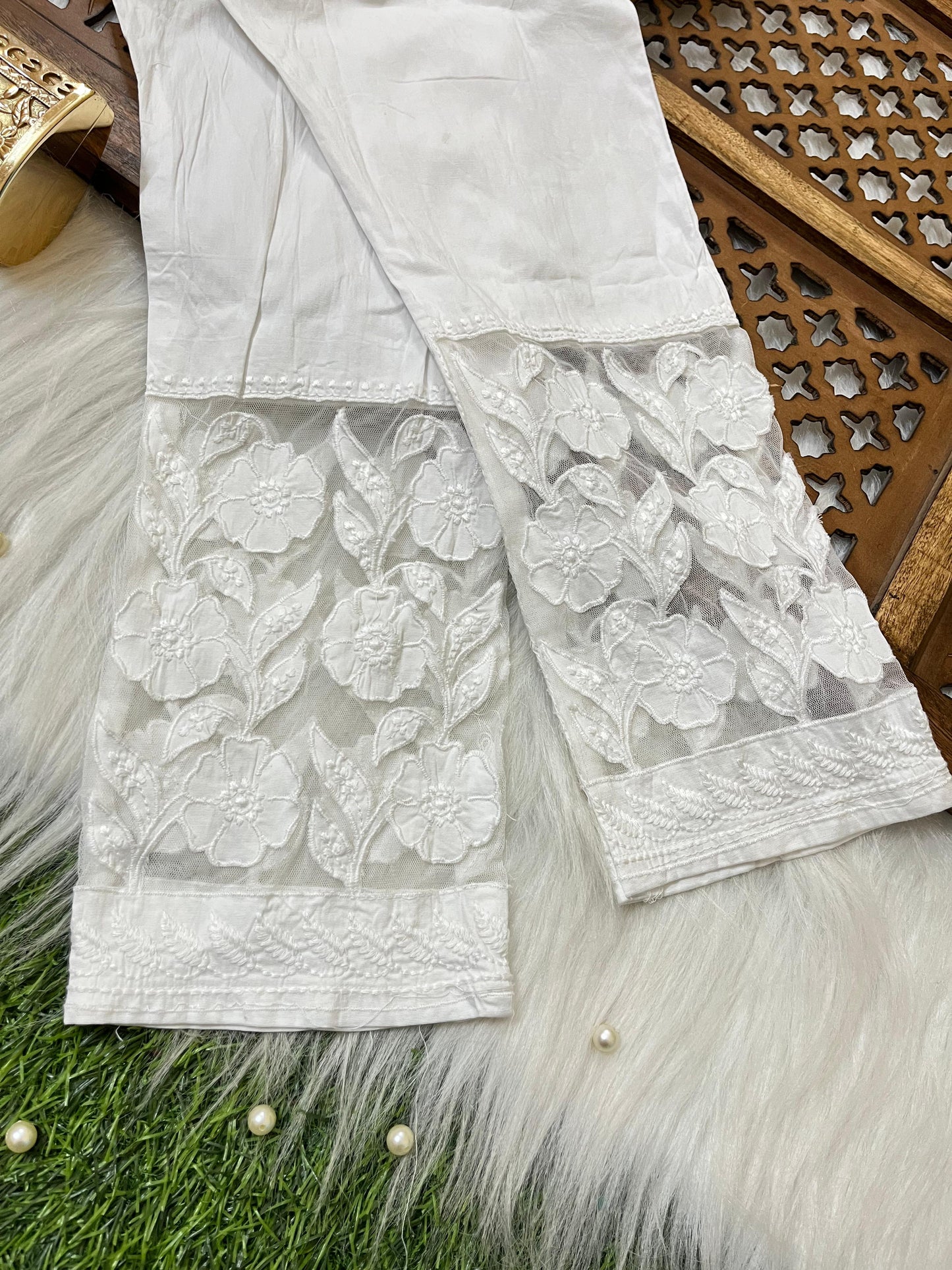 Elegant Cutwork Lucknow Chikankari Work Pant | Stretch Lycra Cotton