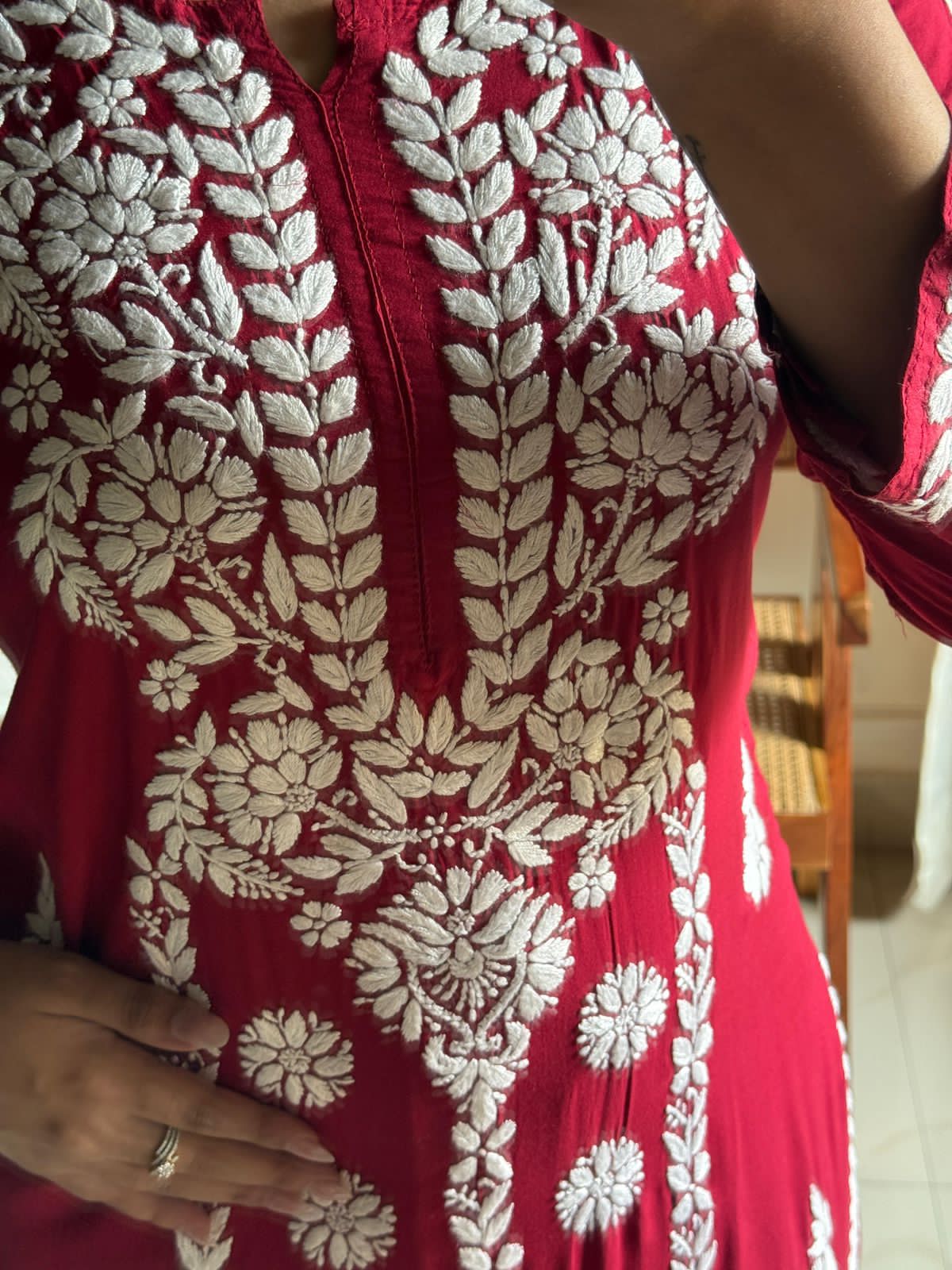 Dark red Premium Lucknow Chikankari Modal Kurti Set with Handwork Palazzo – Elegant Ethnic Wear