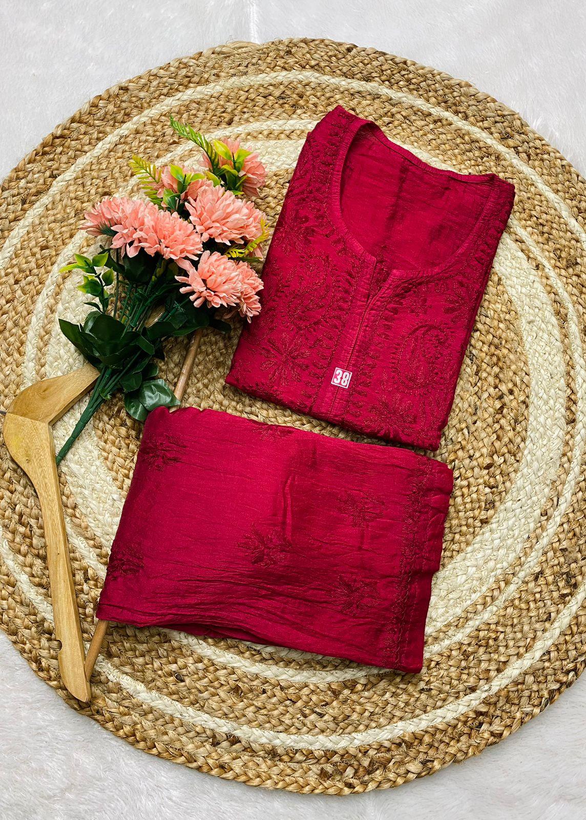Lucknowi Chikankari Chanderi Kurti & Palazzo Set-Maroon Color - Inayakhan Shop