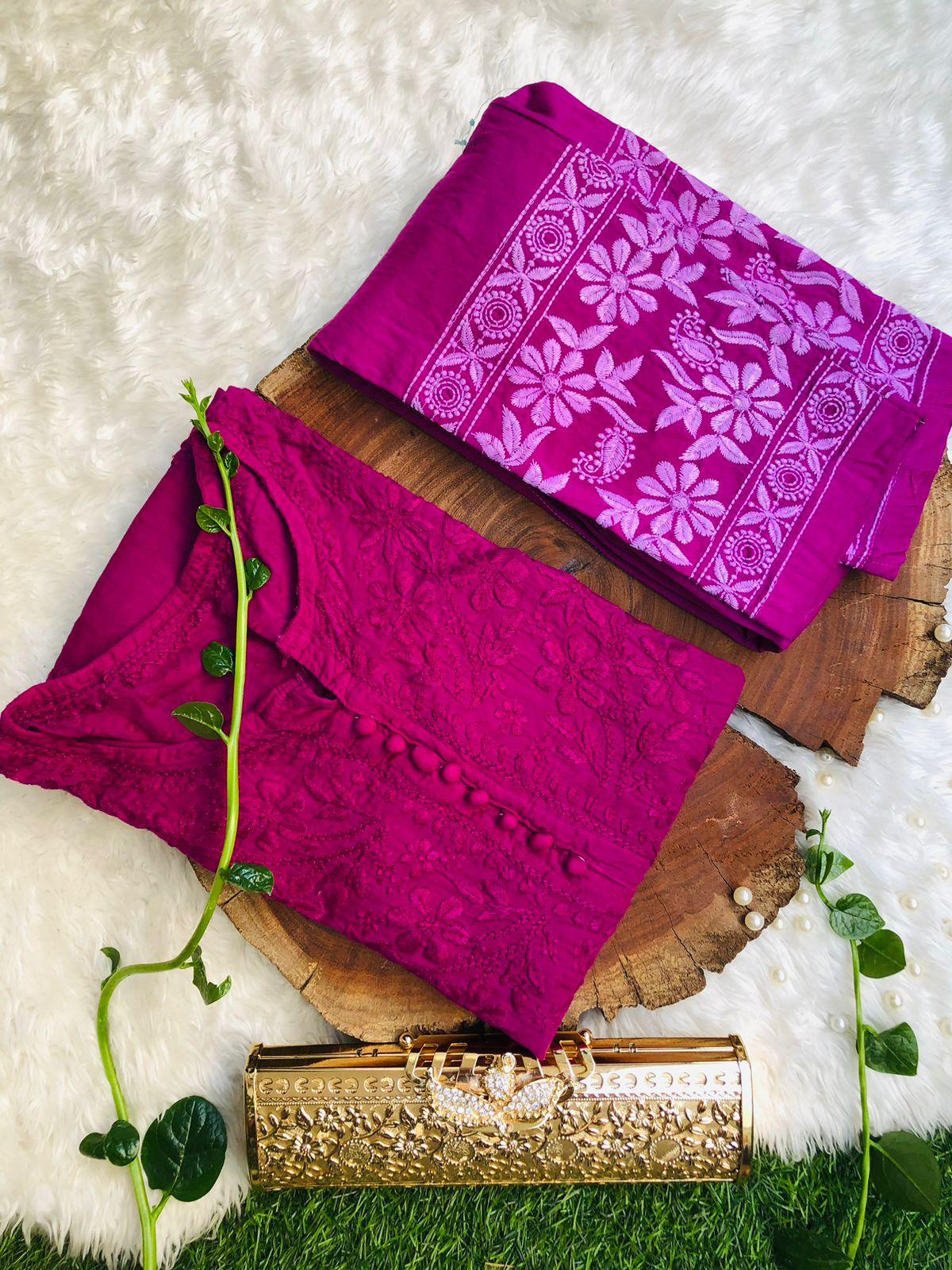 Magenta Purple Cotton Chikankari Hand Work Kurti Pant Sets - Inayakhan Shop