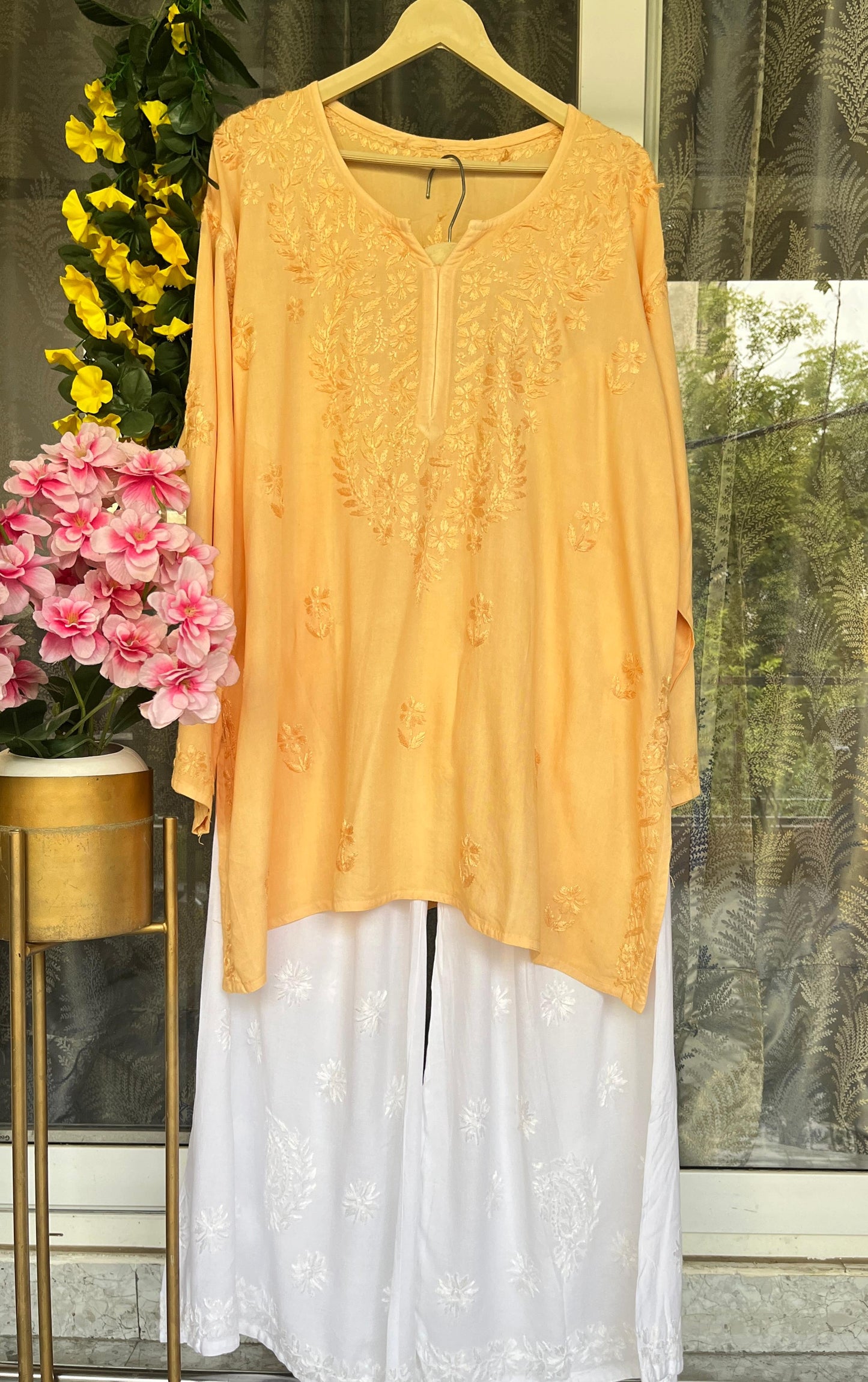 Mango Lucknowi Chikankari Plus Size Premium Rayon Short Kurti & Pallazo Set ✨ (Upto 6 XL)
