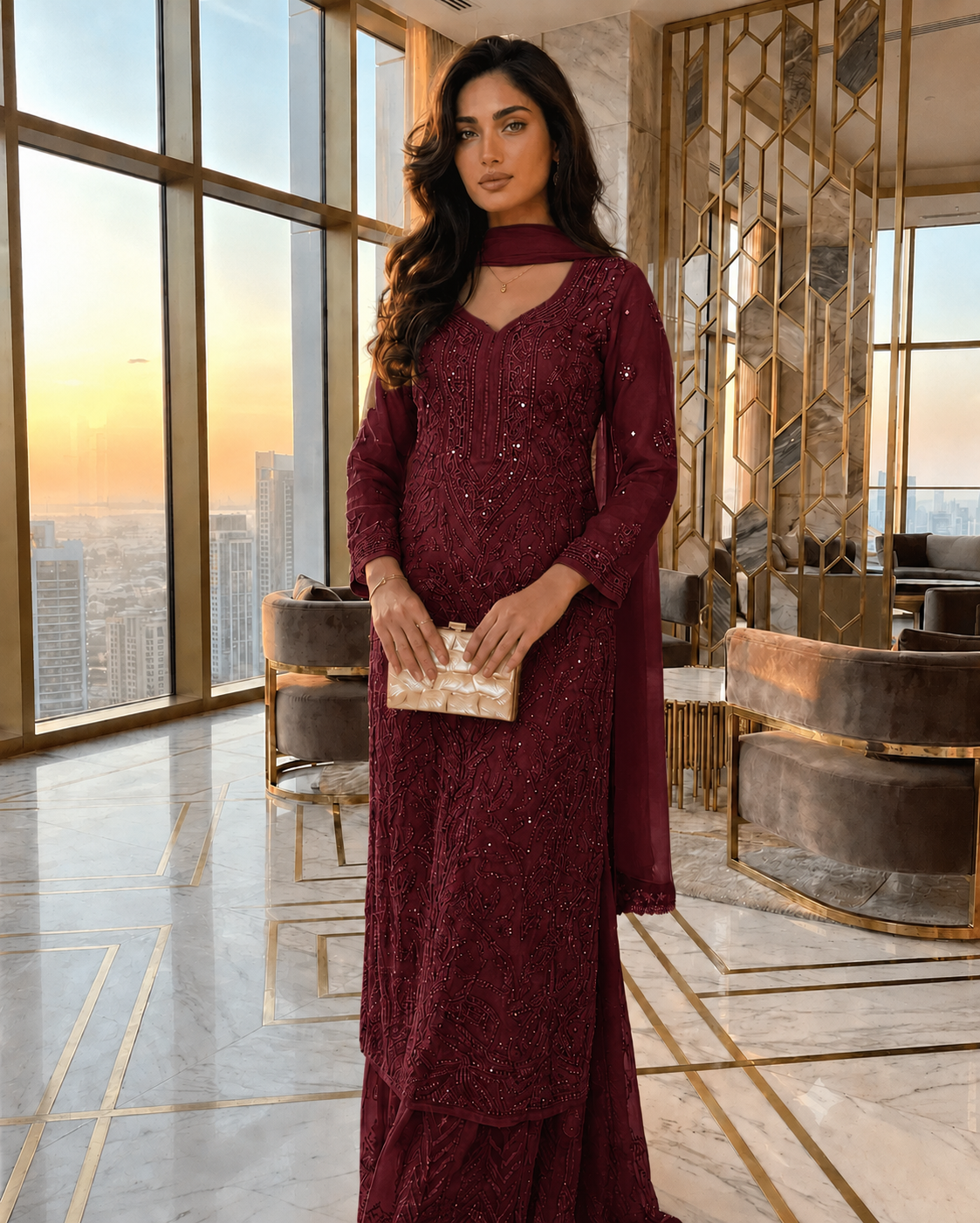 Deep Maroon Ethereal Viscose Chikankari & Mukaish Work Ensemble (NEW)