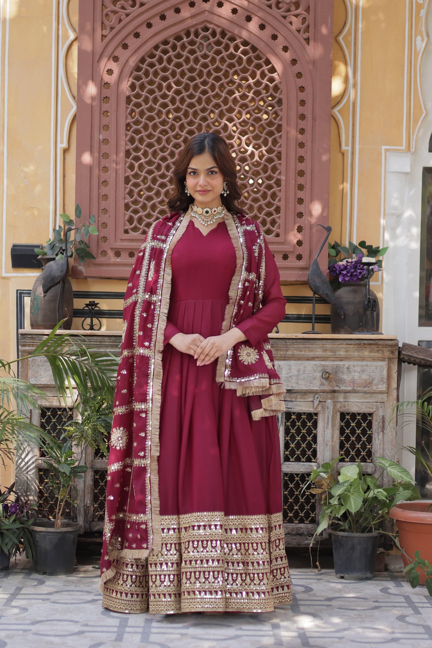 Maroon Embroidered Star Georgette Indian Gown with Dupatta Set