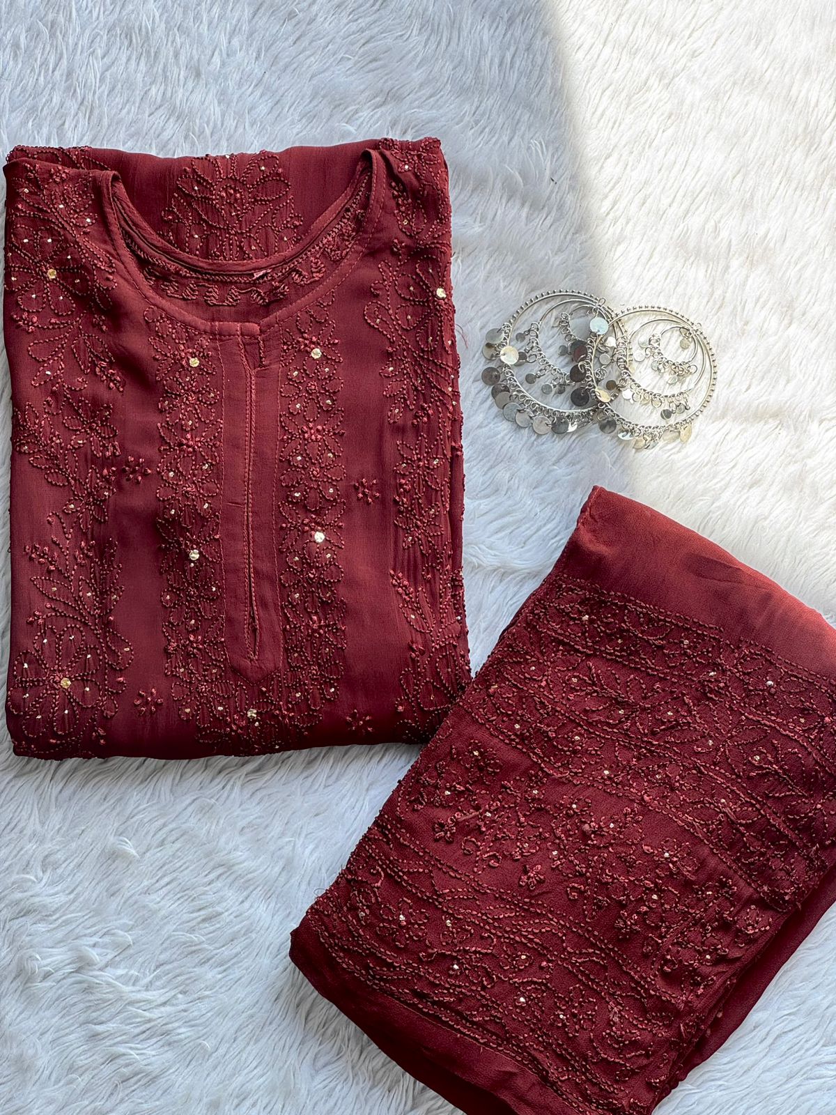 Maroon Premium Viscose Lucknow Chikankari Mukaish Work Set
