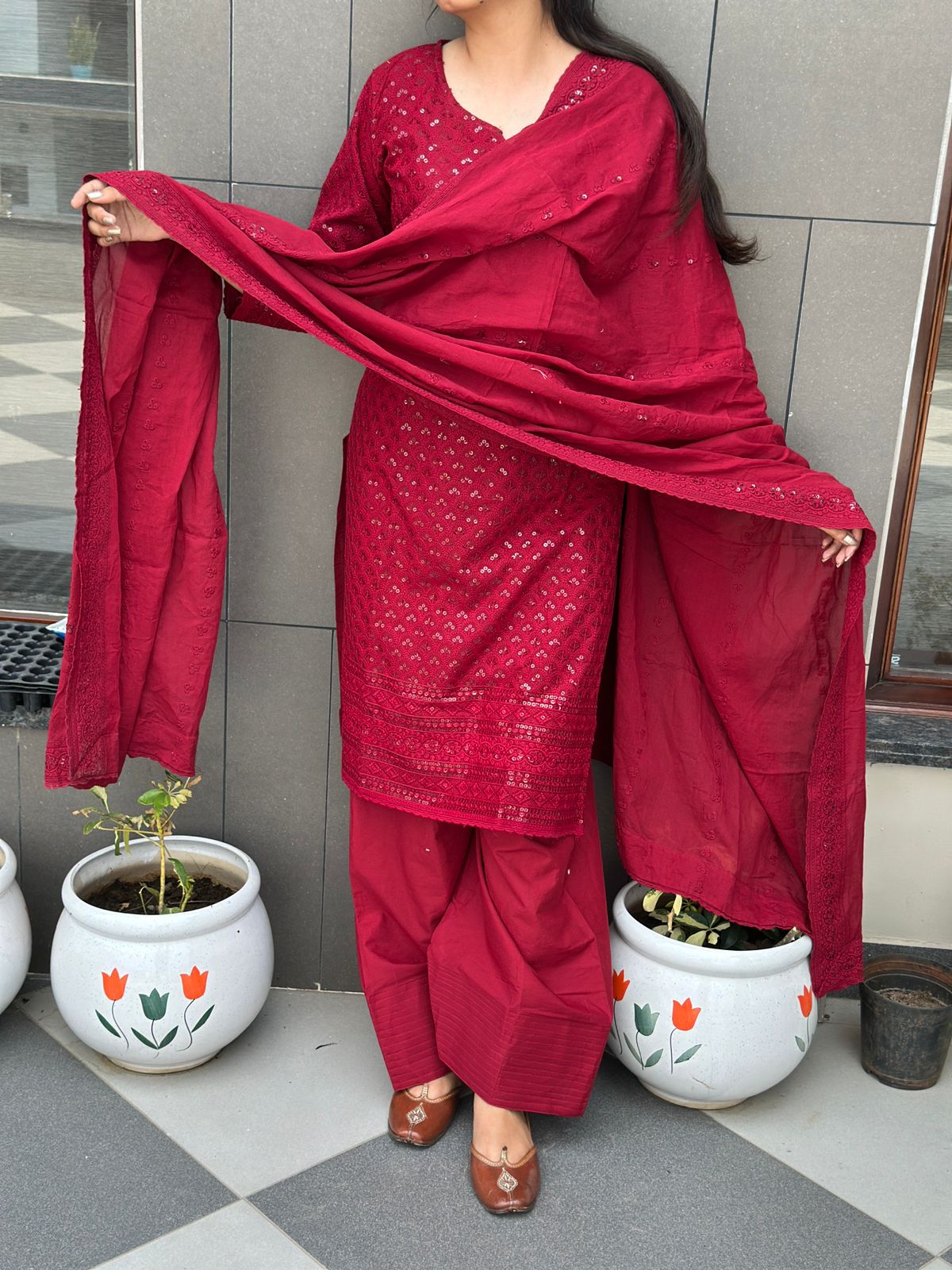 Maroon Elegant Chikankari Set with Farshi Salwar – Pure Cotton Ensemble