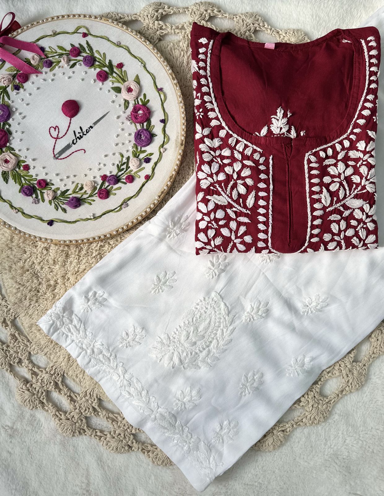 Maroon Handcrafted Lucknowi Chikankari Style Short Kurta & Palazzo Set