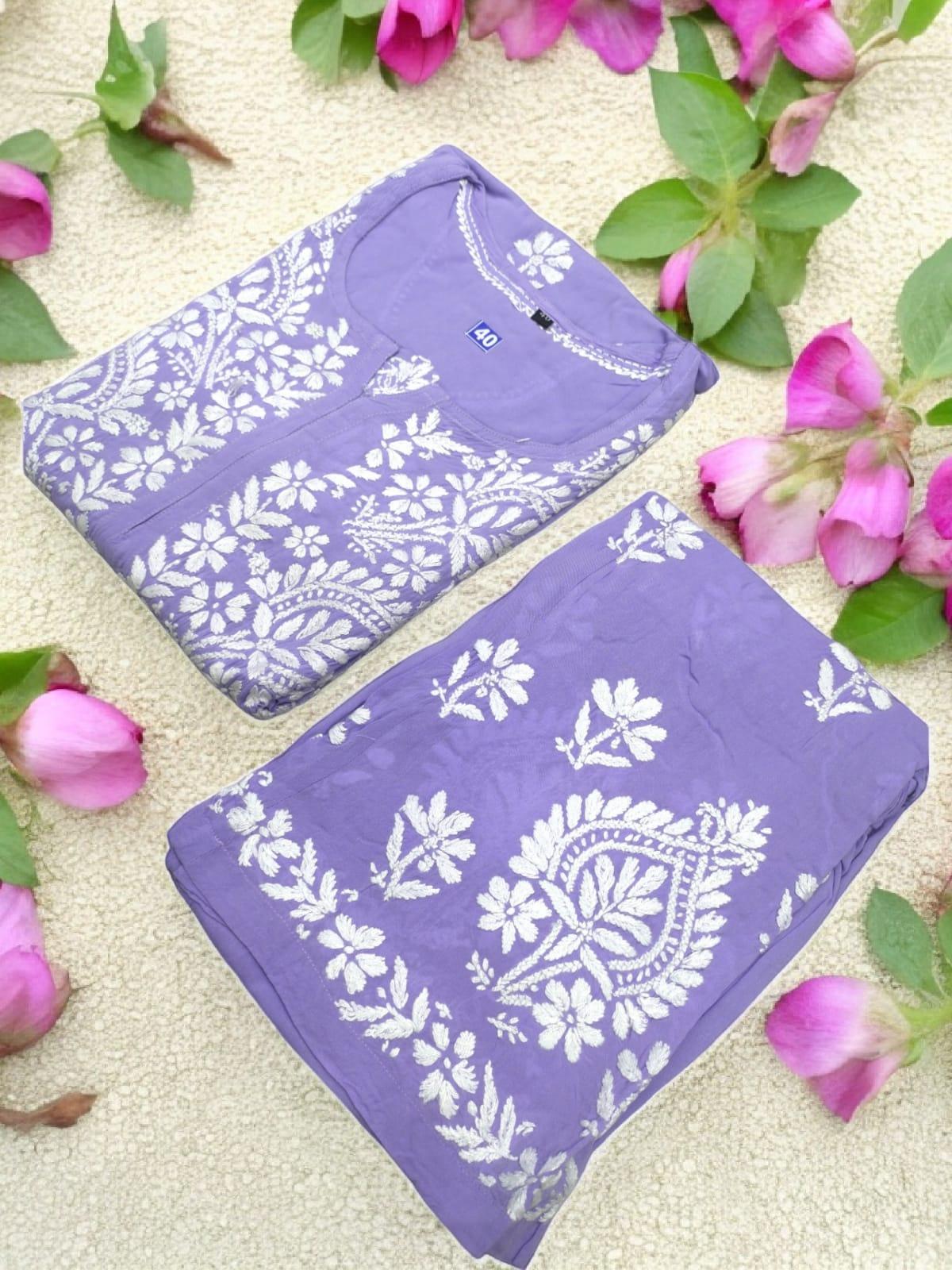 Mauve Premium Heavy Work Lucknow Chikankari Modal Kurti Palazzo Set for Summer - Inayakhan Shop