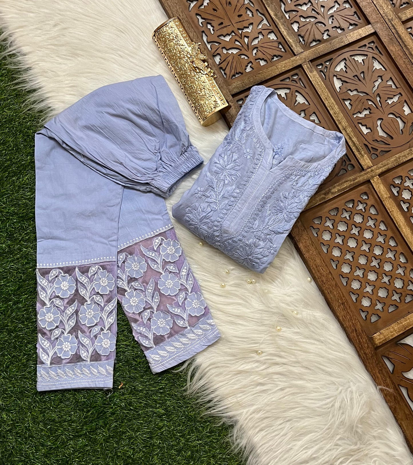 Lavendar Handcrafted Lucknow Chikankari Muslin Coord Set