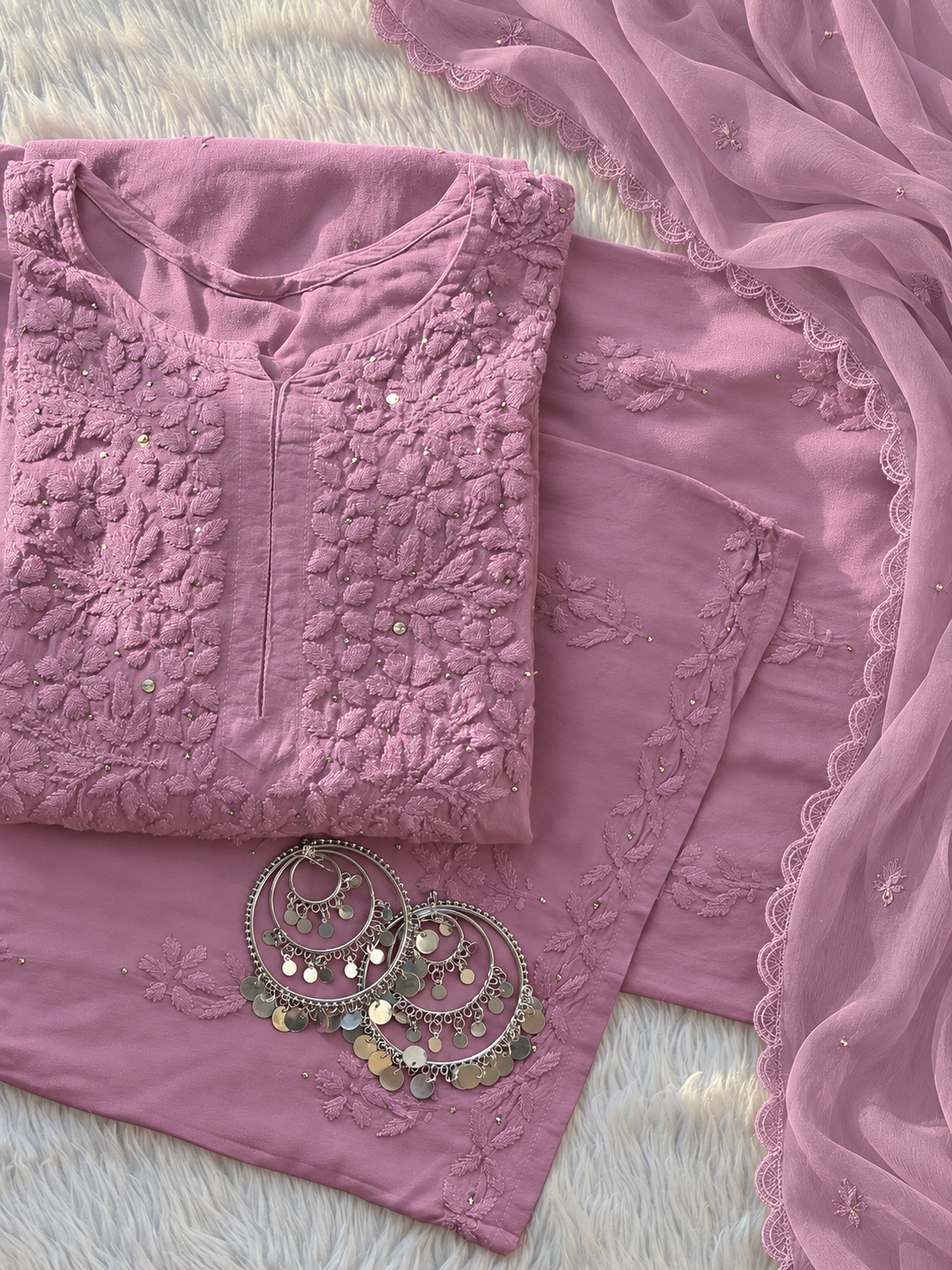 Mauve Pink Lucknow Chikankari Kurti Palazzo Set with Mukaish Work