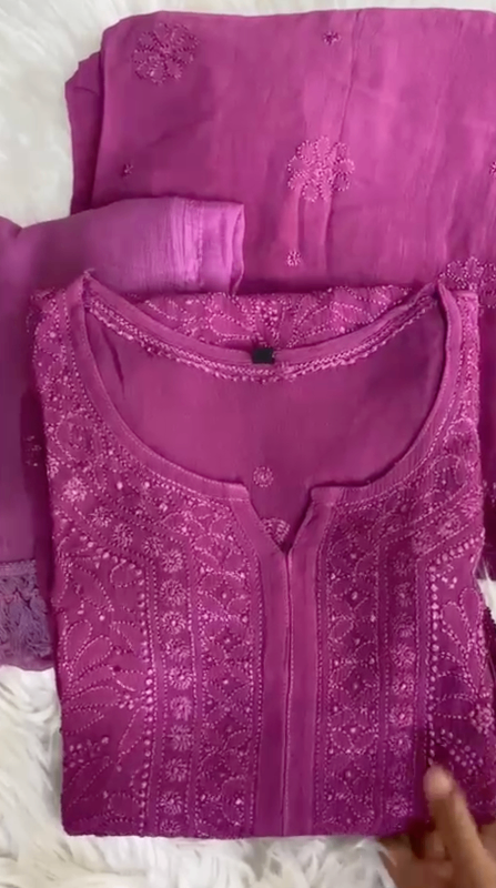 Majenta Pink Ethereal Viscose Chikankari & Mukaish Work Ensemble (Latest)