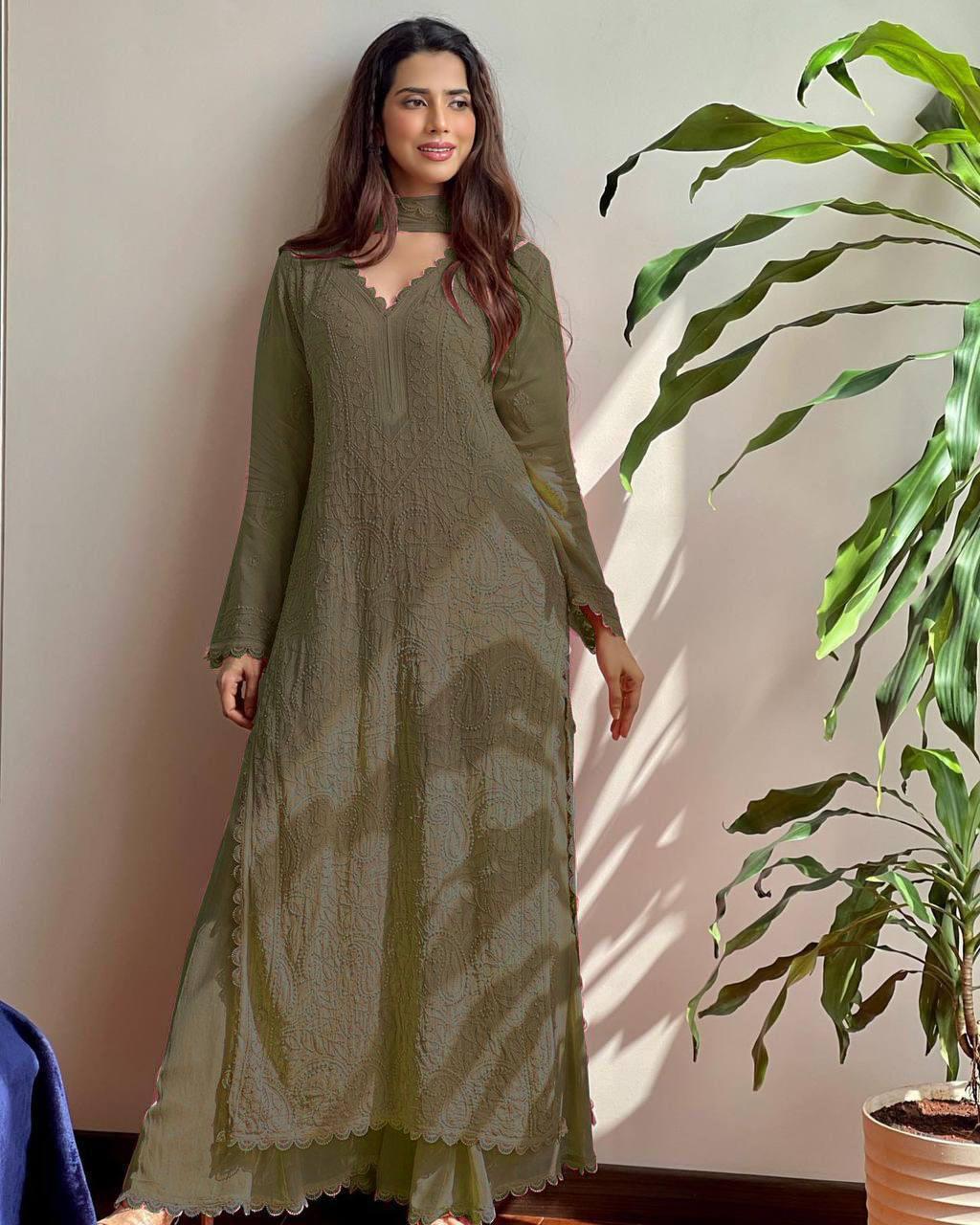 Mehendi Green Elegant Viscose Lucknow Chikankari Handwork Ensemble (New)