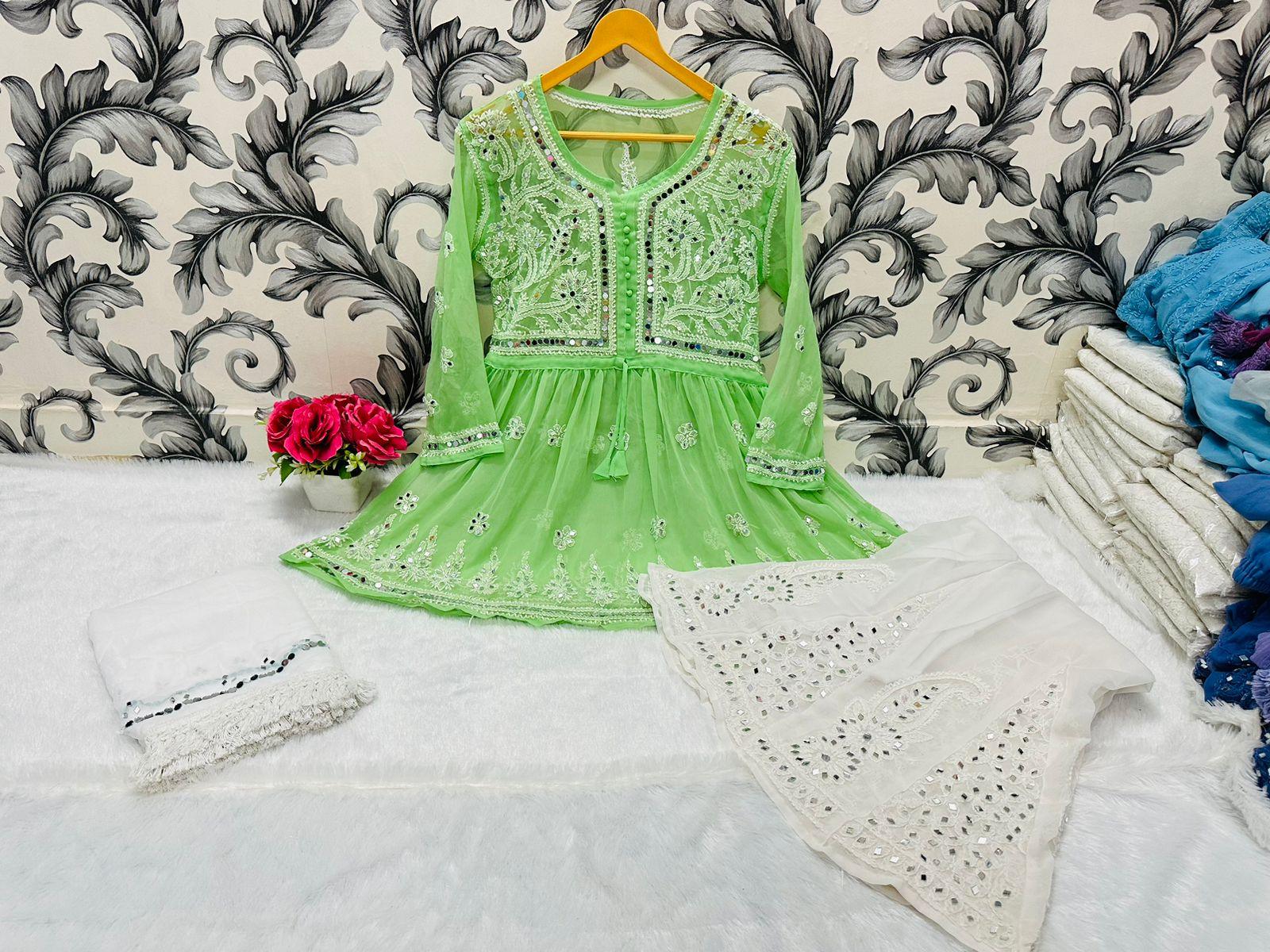 Mint Green Glimmering Georgette Mirror Work Short Gown, Dupatta, and Sharara Full Combo Set Stitched Ready To Wear-Size 42 / Mint Green Mint Green Glimmering Georgette Mirror Work Short Gown, Dupatta, and Sharara Full Combo Set Stitched Ready To Wear-Size 42 / Mint Green