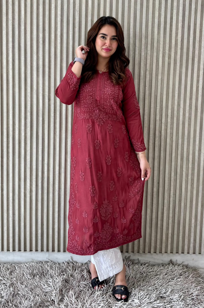 Maroon Exquisite 3D Handwork Modal Lucknow Chikankari Kurta Set