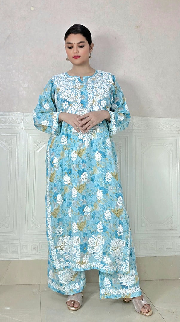Blue Plus Size Mulmul Printed Lucknowi Chikankari Kurta Set - Up to 5XL