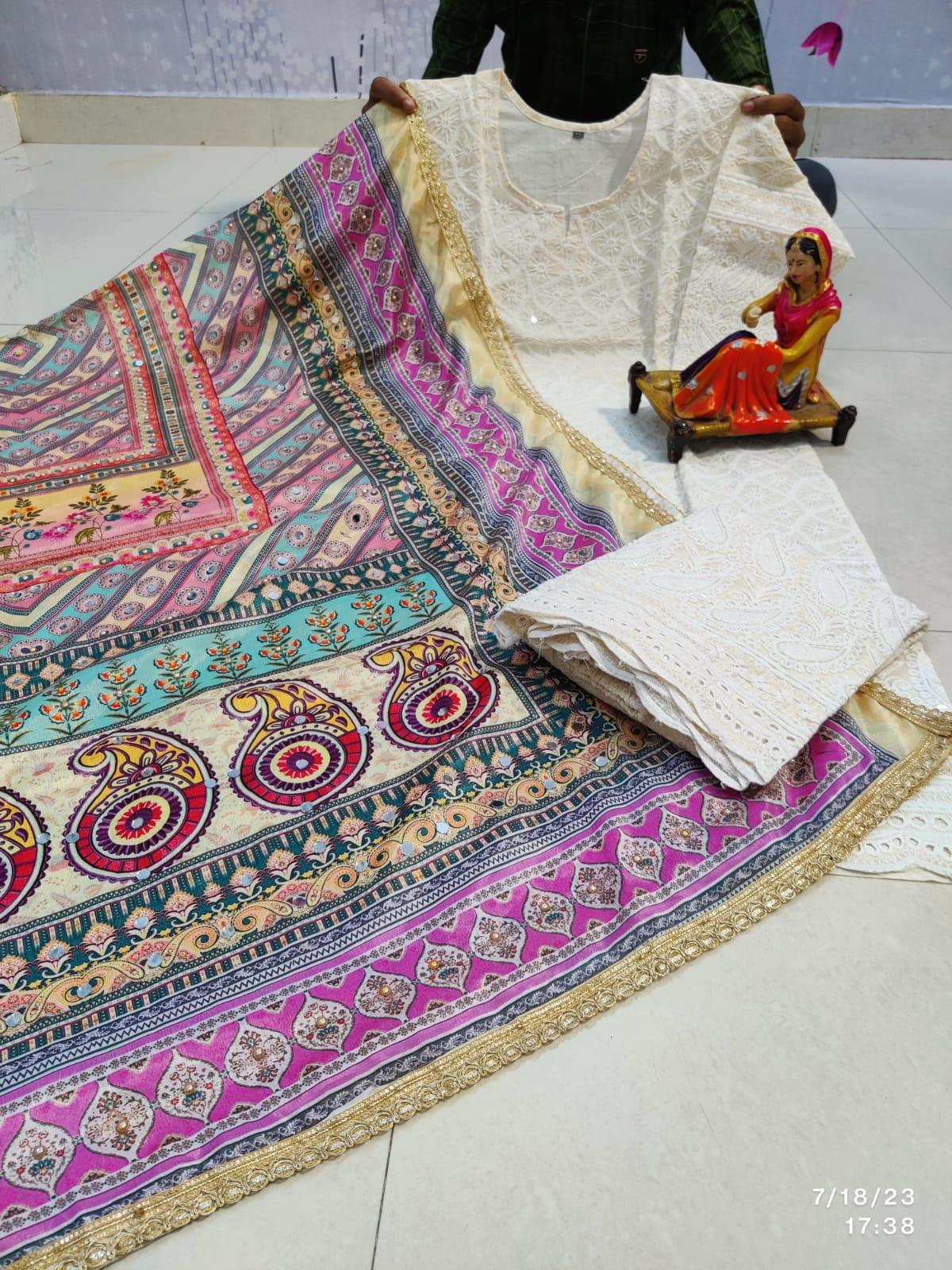 Multi Color Ethnic Prints Chikankari Elegance - Pakistani Dupatta & Kurti Palazzo Set - Inayakhan Shop