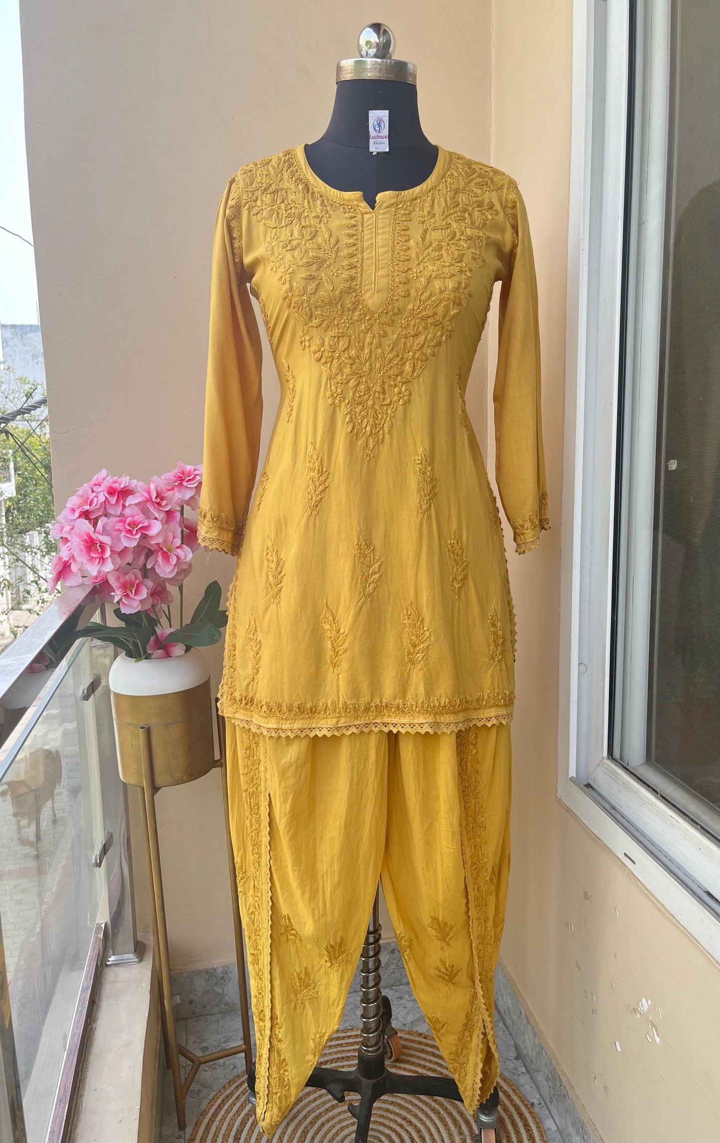 Mustard Cotton Rayon Short Kurti + Cotton Dhoti Pant Lucknow Chikankari Co-ord Set - Inayakhan Shop