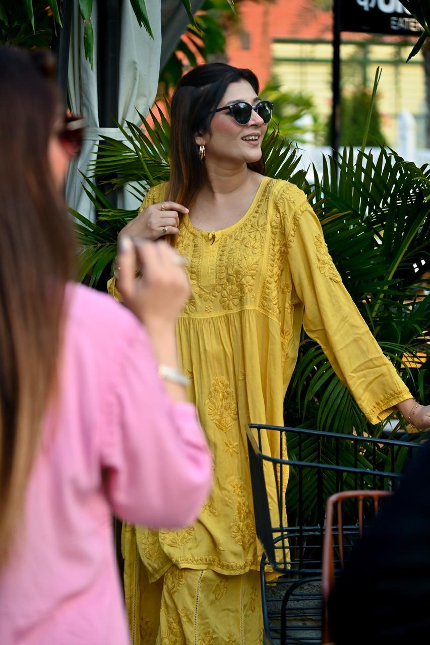 Mustard Premium Modal Silk Chikankari Kurti and Gharara Set Limited Stock - Inayakhan Shop