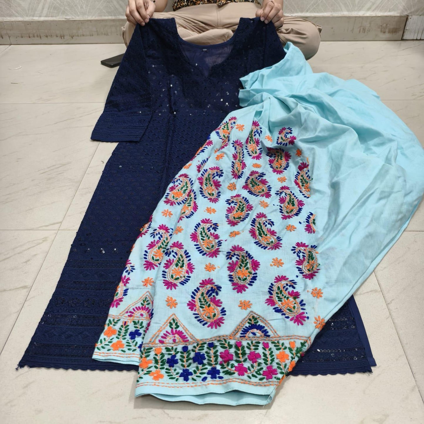Navy Blue Beautiful Embroidered Phulkari Kantha Salwar & Chikankari Kurti Set - Inayakhan Shop