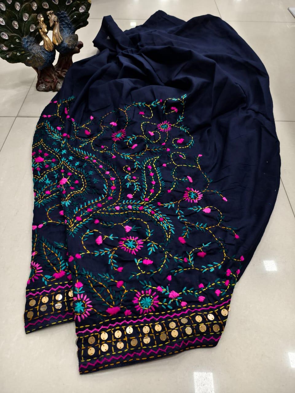 Navy Blue Beautiful Embroidered Phulkari Kantha Salwar - Inayakhan Shop