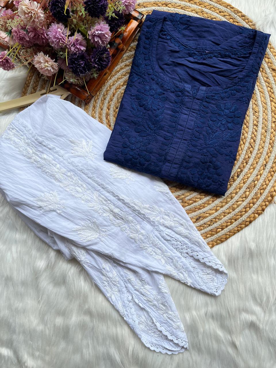 Navy Chanderi Silk Short Chikankari Kurti and Cotton Dhoti Tulip Pant Co-ord Set - Inayakhan Shop
