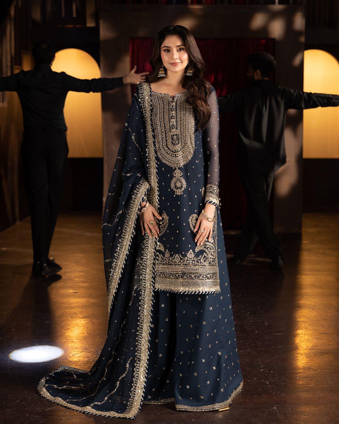 Navy Blue Sitara Sequin Work Georgette Sharara Suit 40 / Navy / Georgette Navy Blue Sitara Sequin Work Georgette Sharara Suit 40 / Navy / Georgette