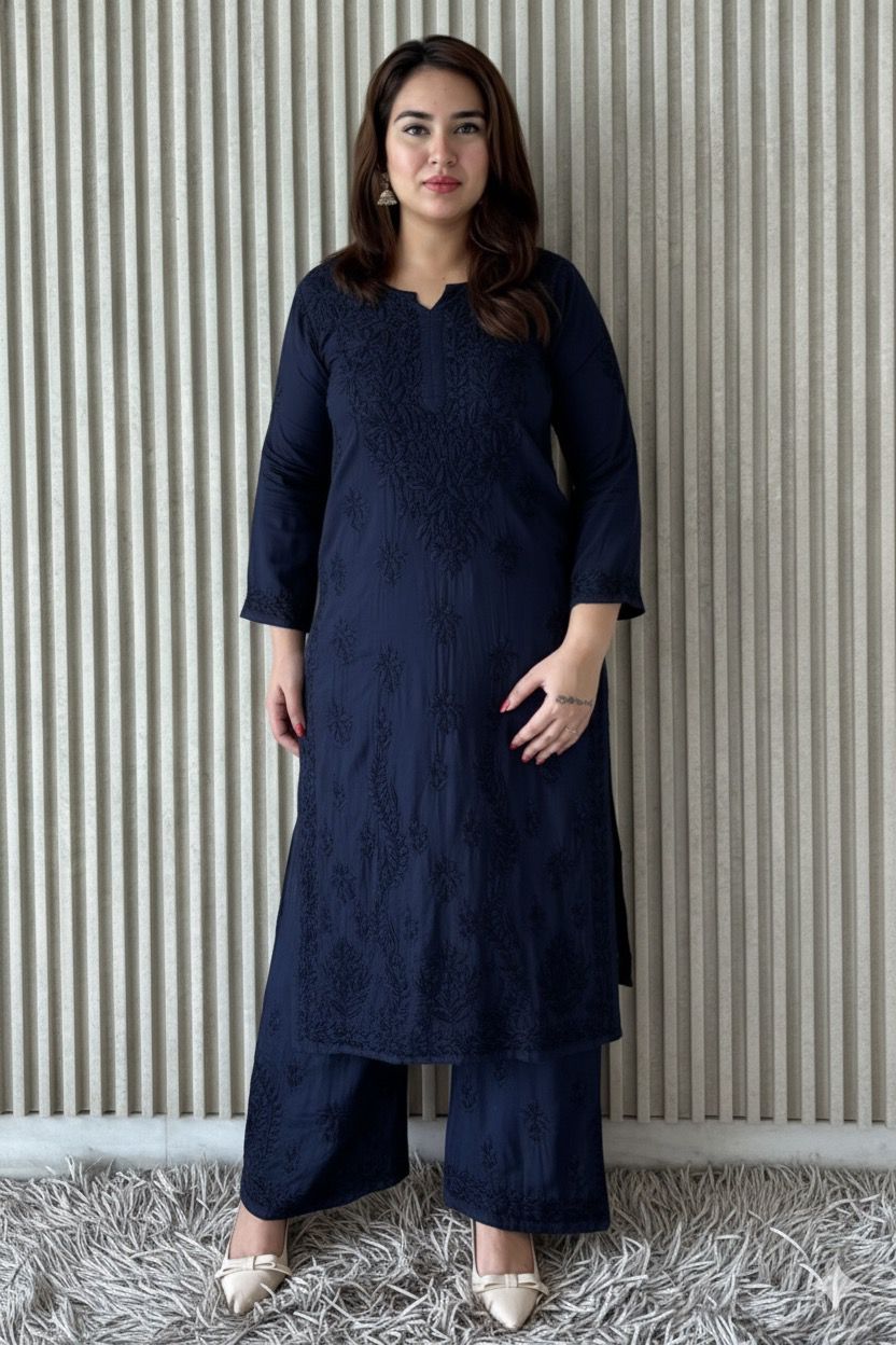 Navy Blue Plus Size Lucknow Chikankari Modal Kurti with Palazzo Set