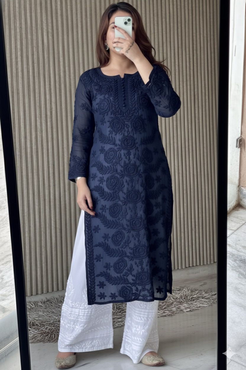 Navy Blue Lucknowi Chikankari Rose Viscose Georgette Kurta Set
