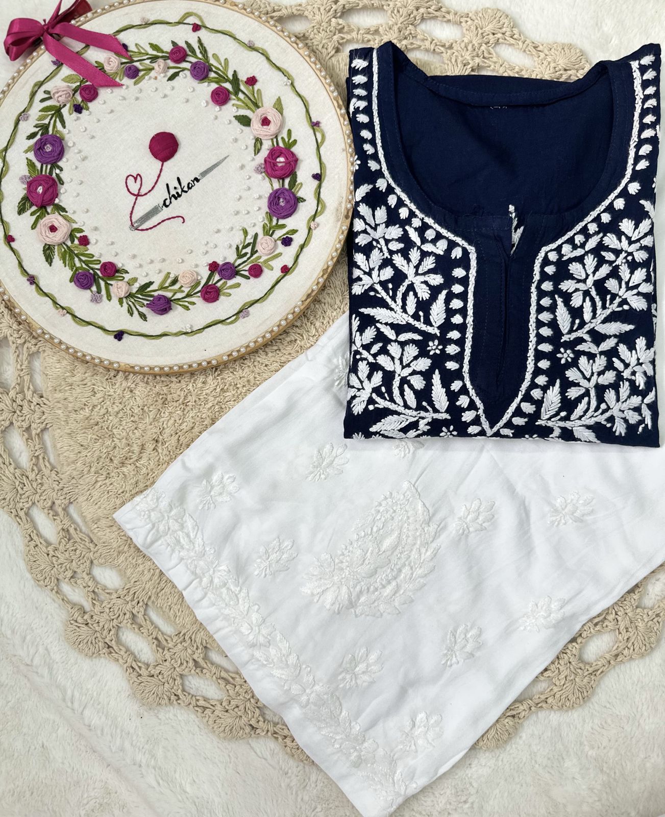 Navy Blue Handcrafted Lucknowi Chikankari Style Short Kurta & Palazzo Set