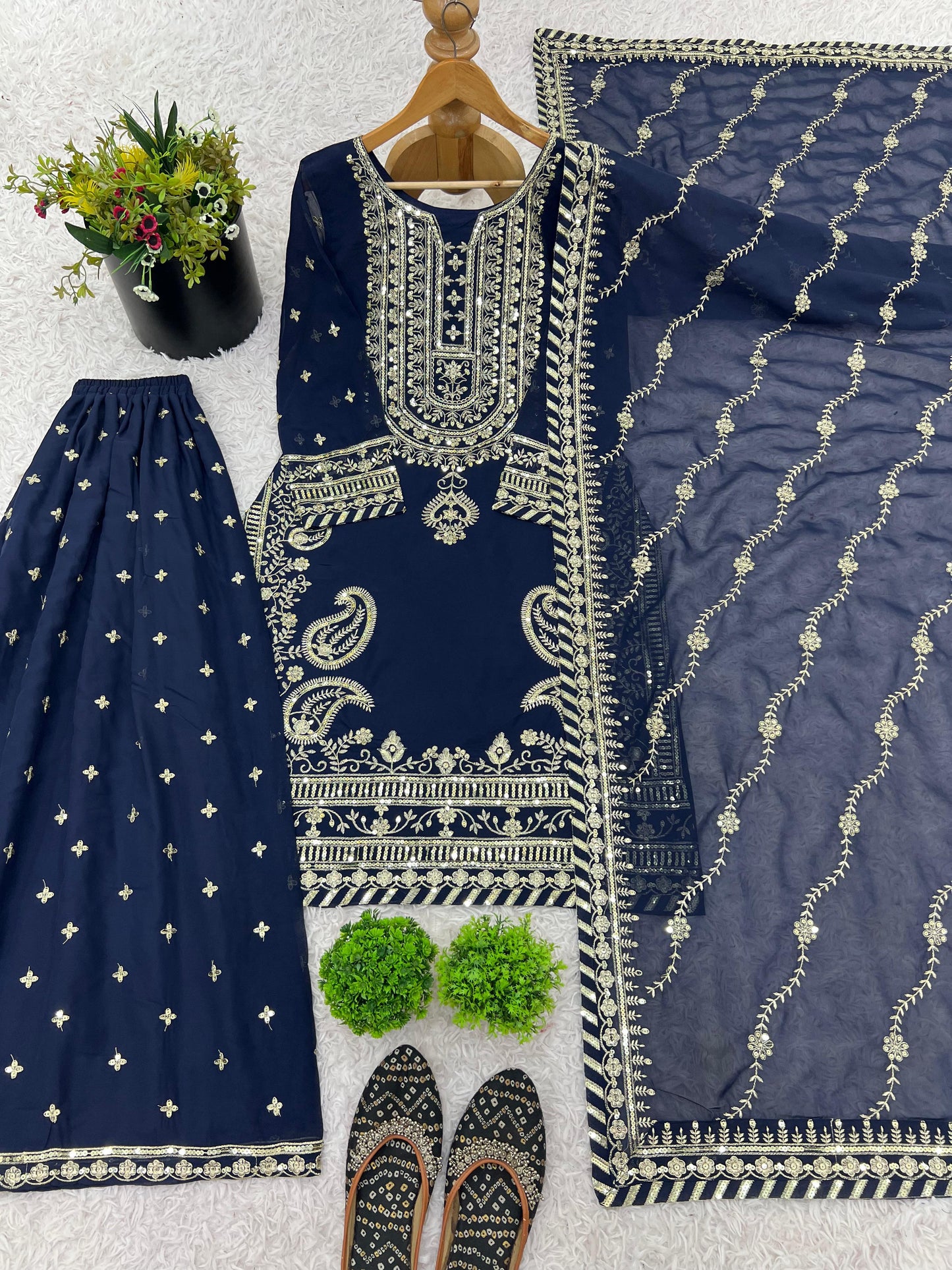 Navy Blue Sitara Sequin Work Georgette Sharara Suit