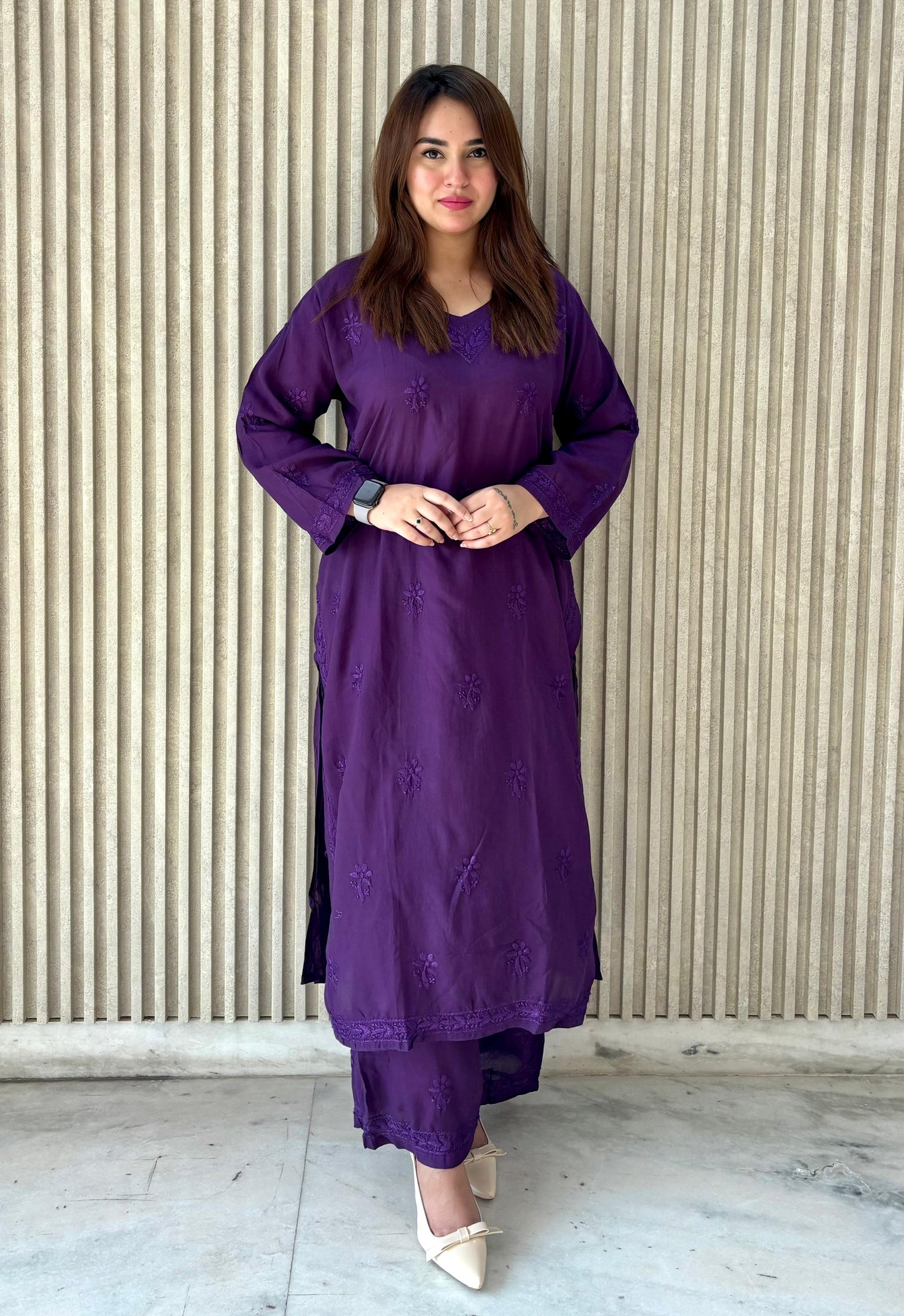 Deep Purple Modal Cotton Lucknow Chikankari Kurti with Palazzo Set