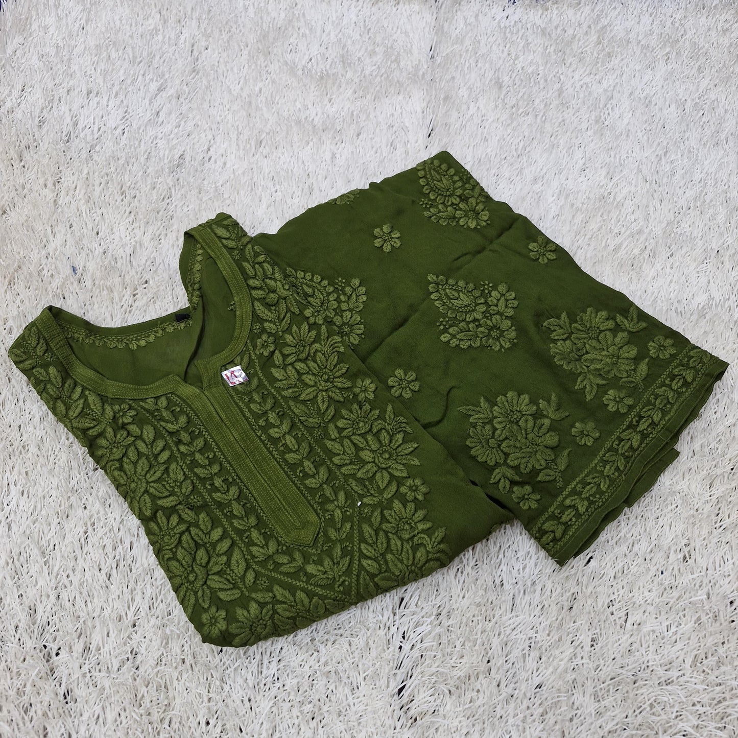 Olive Green Elegant Viscose Daman Designer 3D Chikankari Long Kurti - Inayakhan Shop