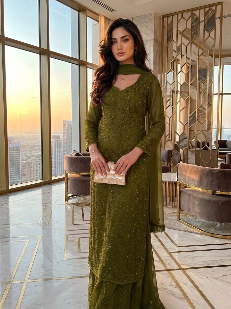 Olive Green Ethereal Viscose Chikankari & Mukaish Work Ensemble