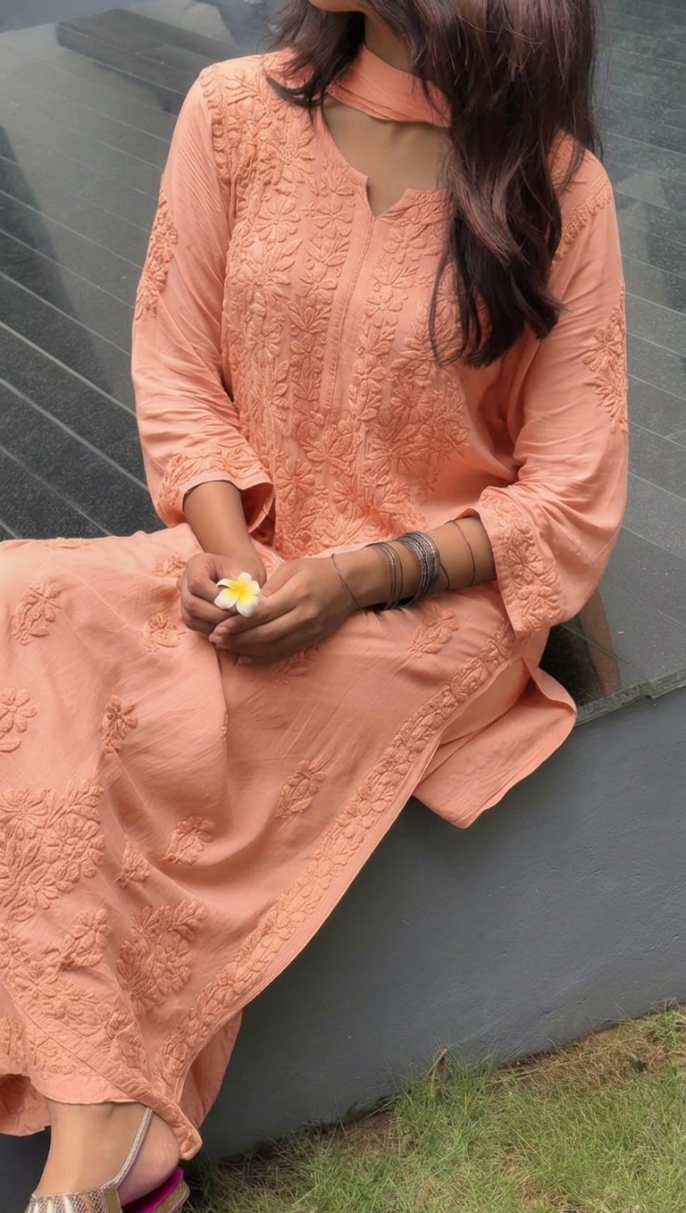 Pastel Peach Lucknowi Chikankari Modal Cotton Kurta Palazzo Set with Dupatta