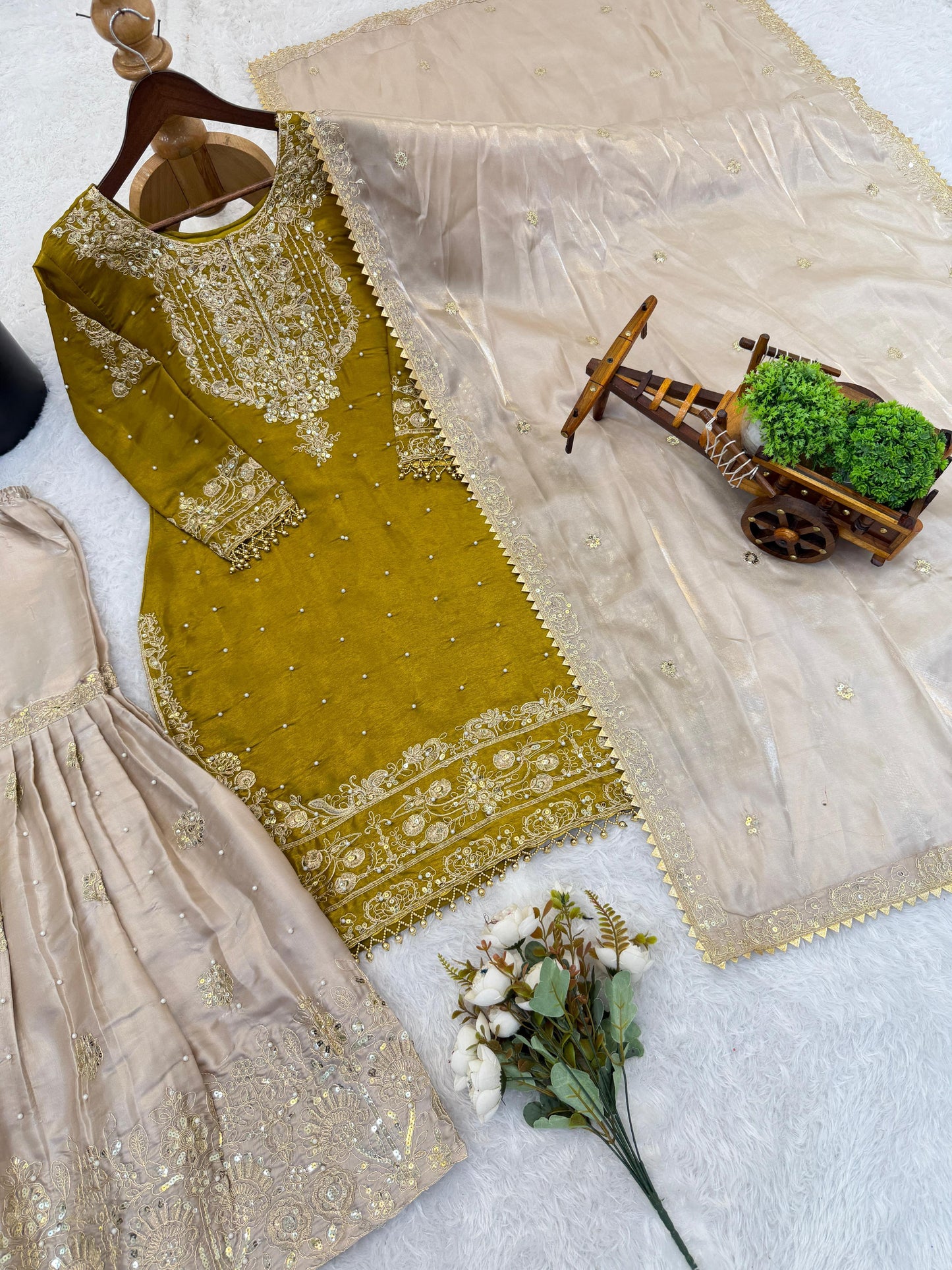 Olive Heavy Silk Eid Special Embroidered Top, Palazzo & Dupatta Set