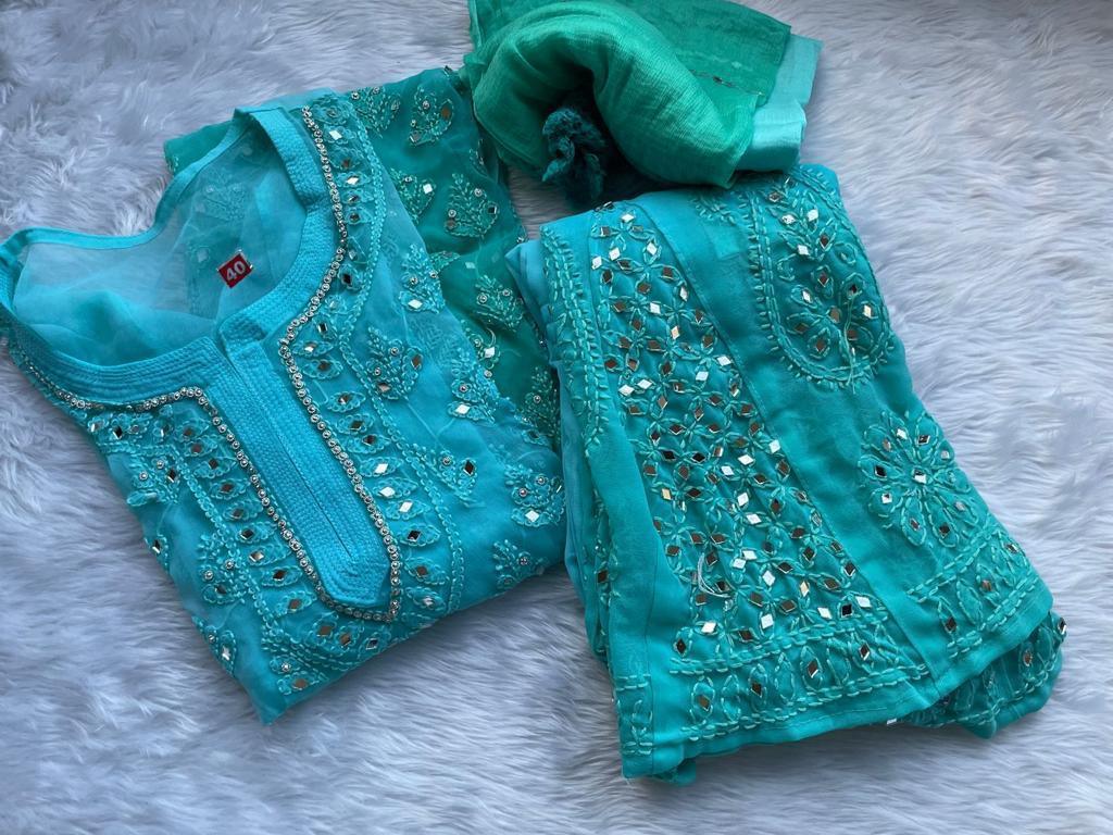 Ombre Green Georgette Kurti with Mirror Booti Jaal Shopping Online - Inayakhan Shop