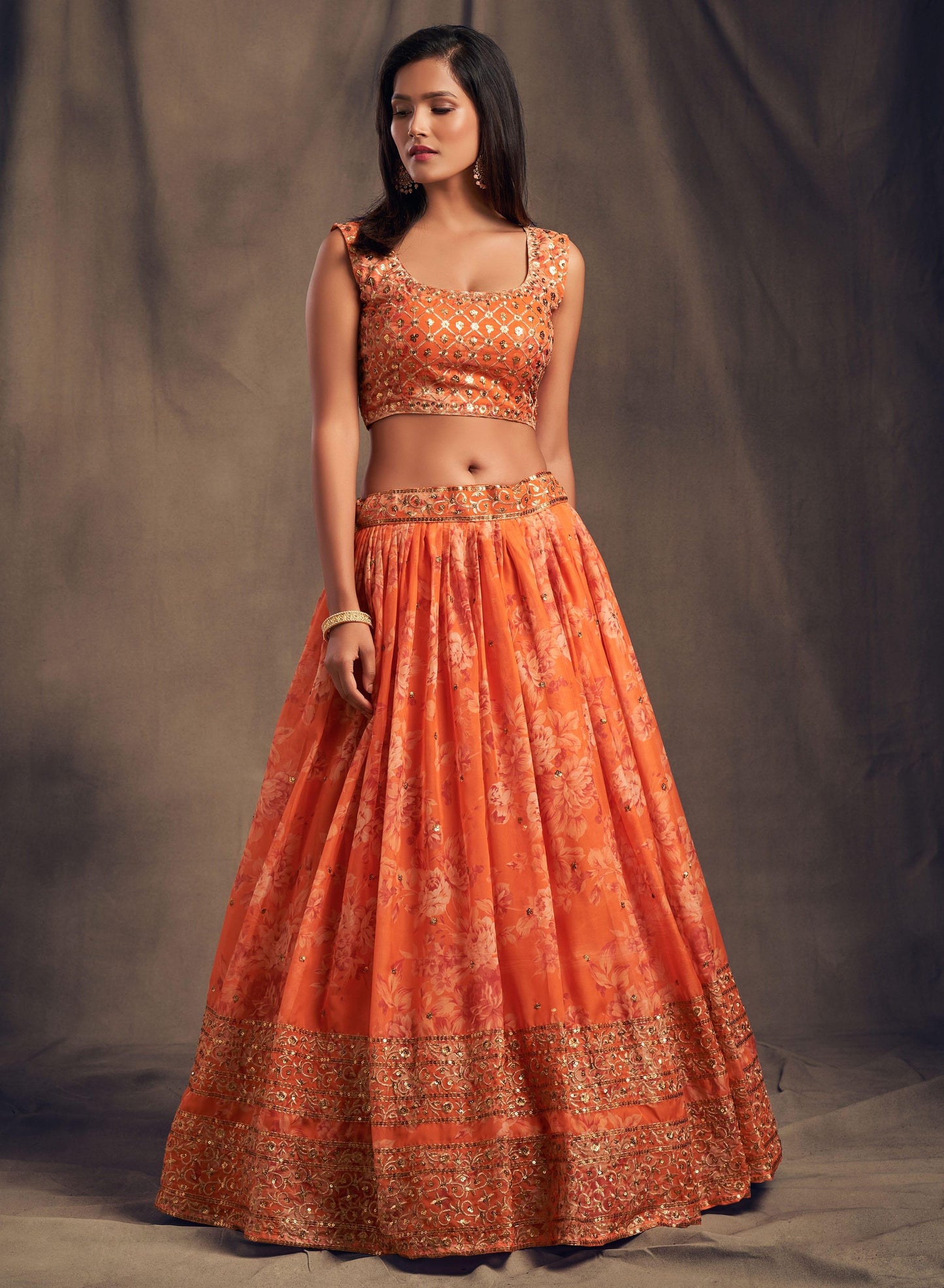Orange Blossom Beauty Floral Custom Lehenga with Big Flair - Inayakhan Shop