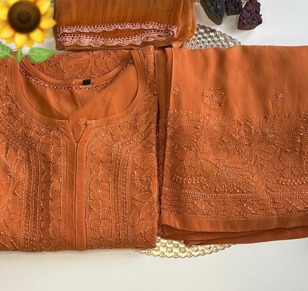Burnt Orange Elegant Viscose Lucknow Chikankari Handwork Ensemble (Latest)