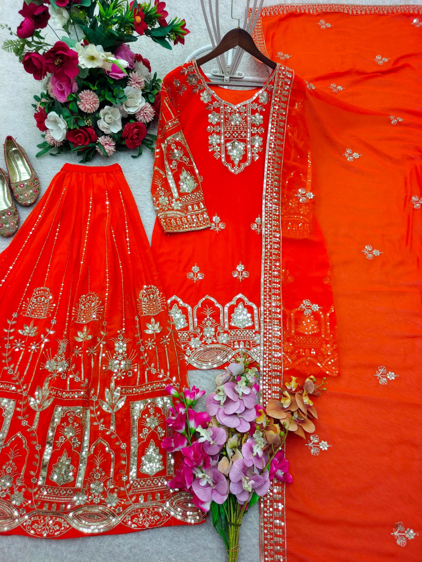 Cosmic Orange Embroidered Georgette Sharara Suit Set