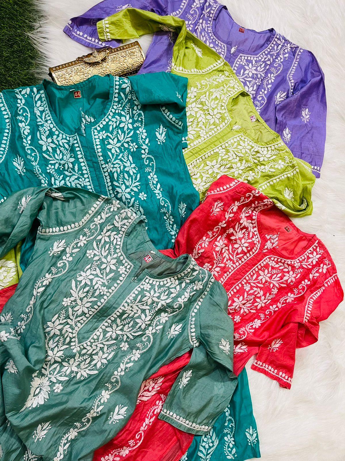 Parrot Green Chanderi Silk Lucknow Chikankari Kurti Set - Inayakhan Shop