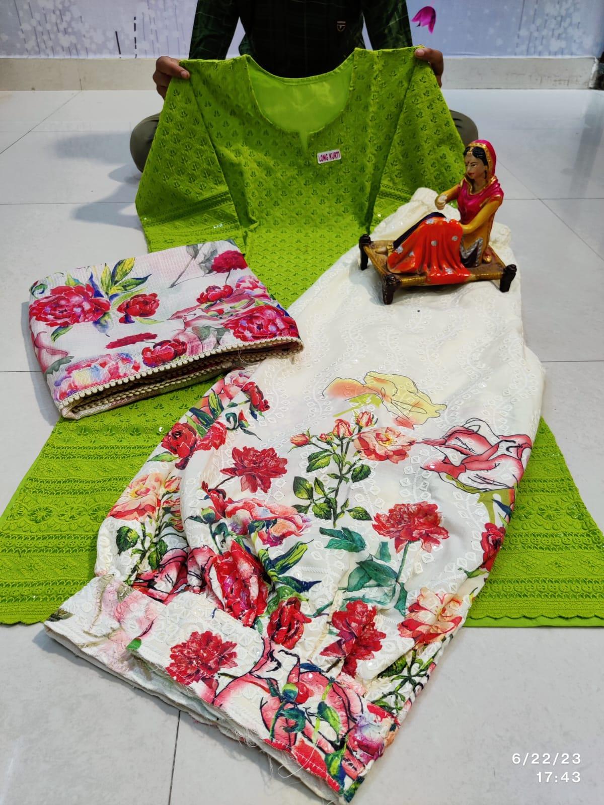 Parrot Green Chikan Sequence Kurti with Afghani Salwar & Digital Print Dupatta - Inayakhan Shop