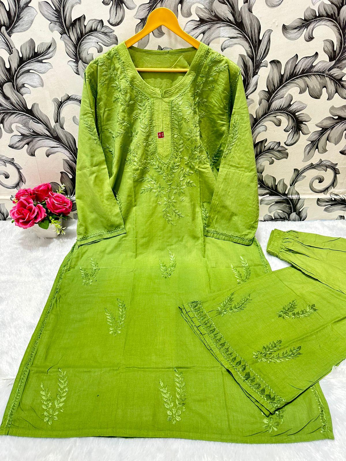 Parrot Green Chikankari Bliss Combo: Dyeable Pure Cotton Kurti & Palazzo Set Stitched Ready To Wear-Size 44 / Parrot Green Parrot Green Chikankari Bliss Combo: Dyeable Pure Cotton Kurti & Palazzo Set Stitched Ready To Wear-Size 44 / Parrot Green