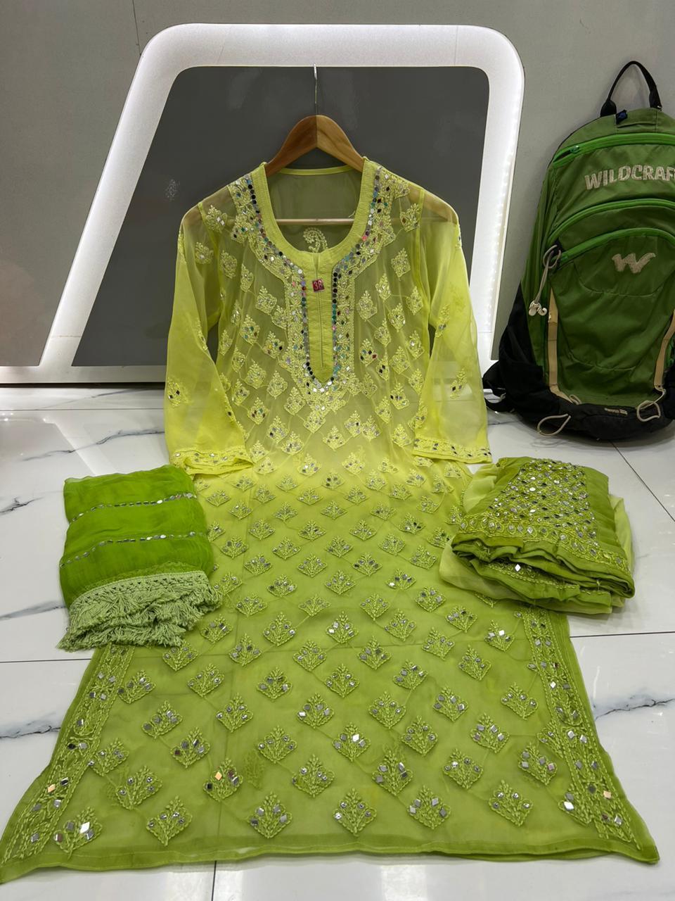 Parrot Green Chikankari Elegance Ombré Mirror Booti Jaal Set - Kurti, Sharara & Dupatta - Inayakhan Shop