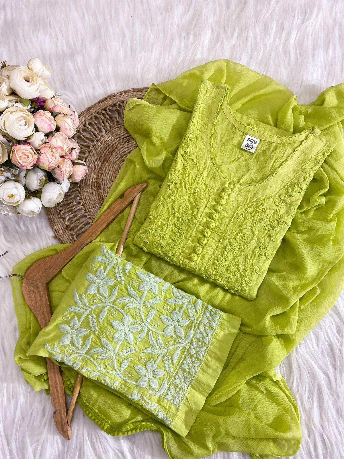 Parrot Green Color Aurora Breeze Brasso Chikankari Cotton Ensemble P