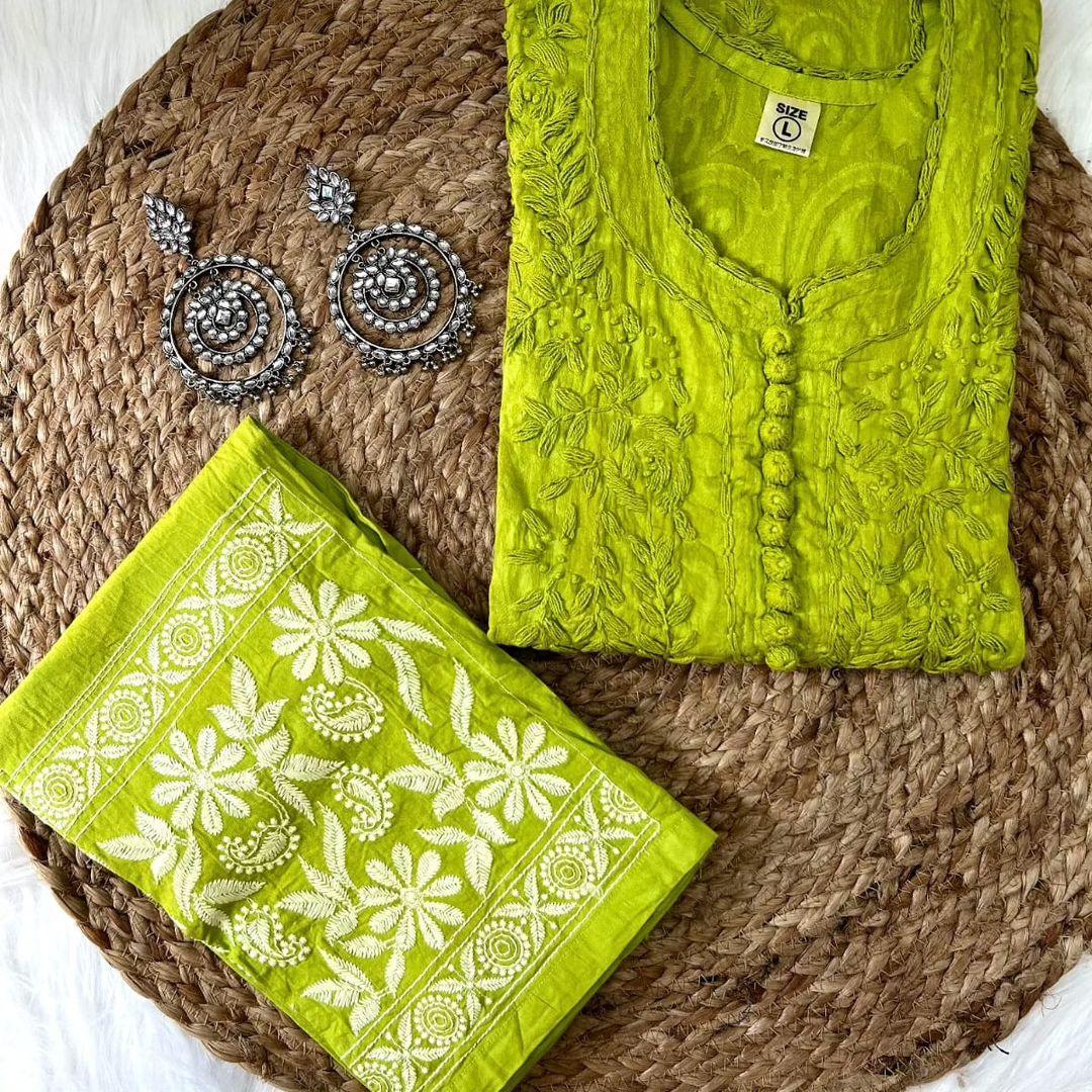Parrot Green Cotton Chikankari Hand Work Kurti Suit Designs (New Color Shade) - Inayakhan Shop