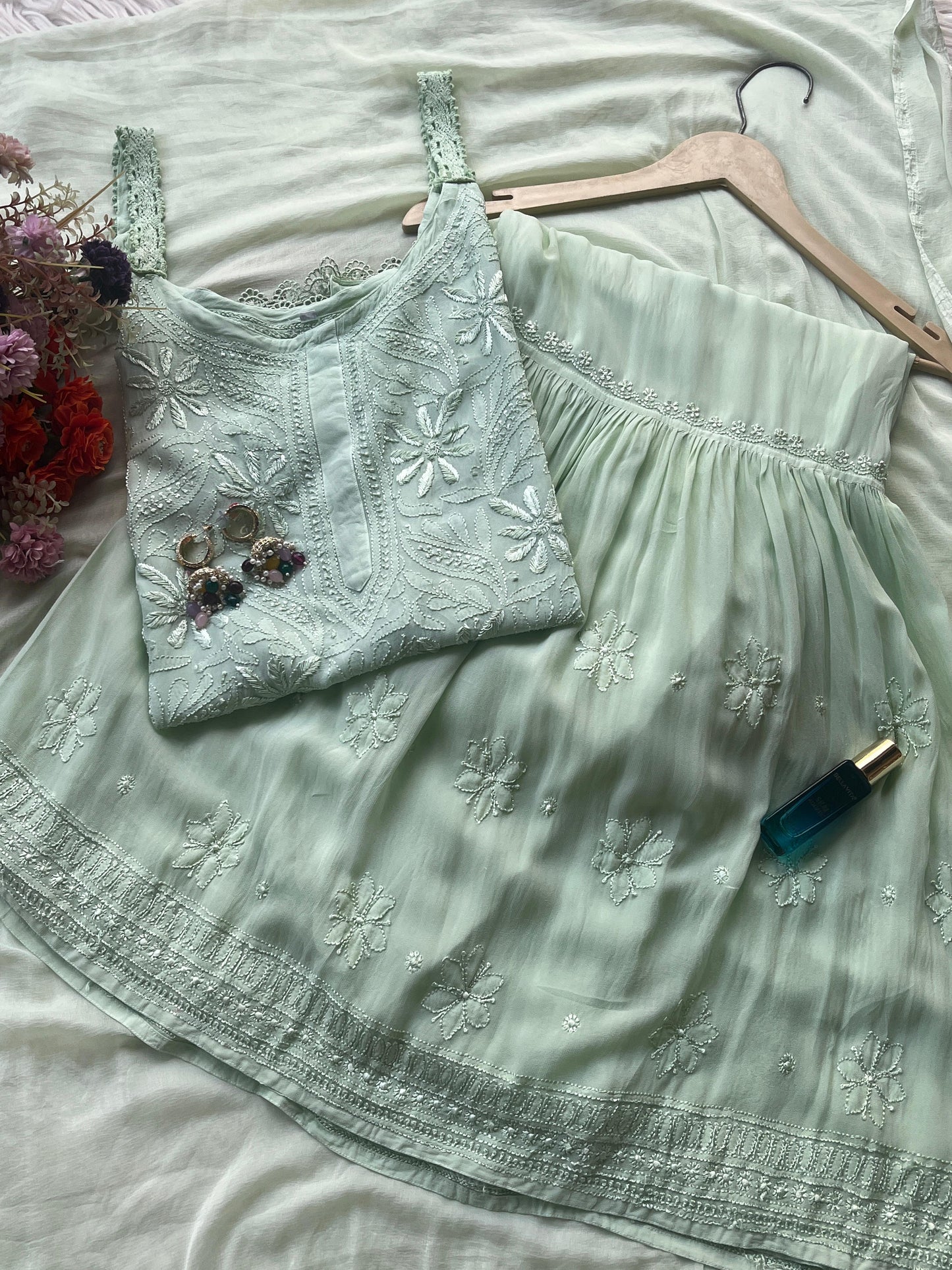 Pastel Green Lucknow Chikankari Resham Work Viscose Short Kurti & Gharara Set with Chiffon Dupatta
